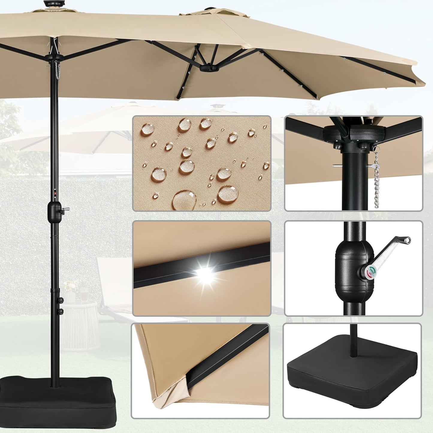 15 ft Large Patio Umbrella with Solar Lights Double-Sided Outdoor Rectangle Market Umbrellas with 36 LED Lights/Base Included/Easy Crank for Patio Garden Yard Pool Lawn, Brown