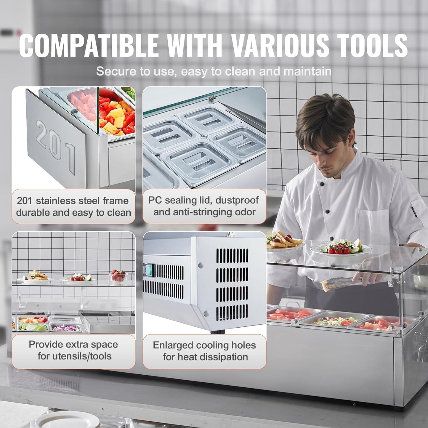 Refrigerated Condiment Prep Station, 135 W Countertop Refrigerated Condiment Station, with 2 1/3 Pans & 4 1/6 Pans, 304 Stainless Body and PC Lid, Sandwich Prep Table with Stainless Guard, ETL
