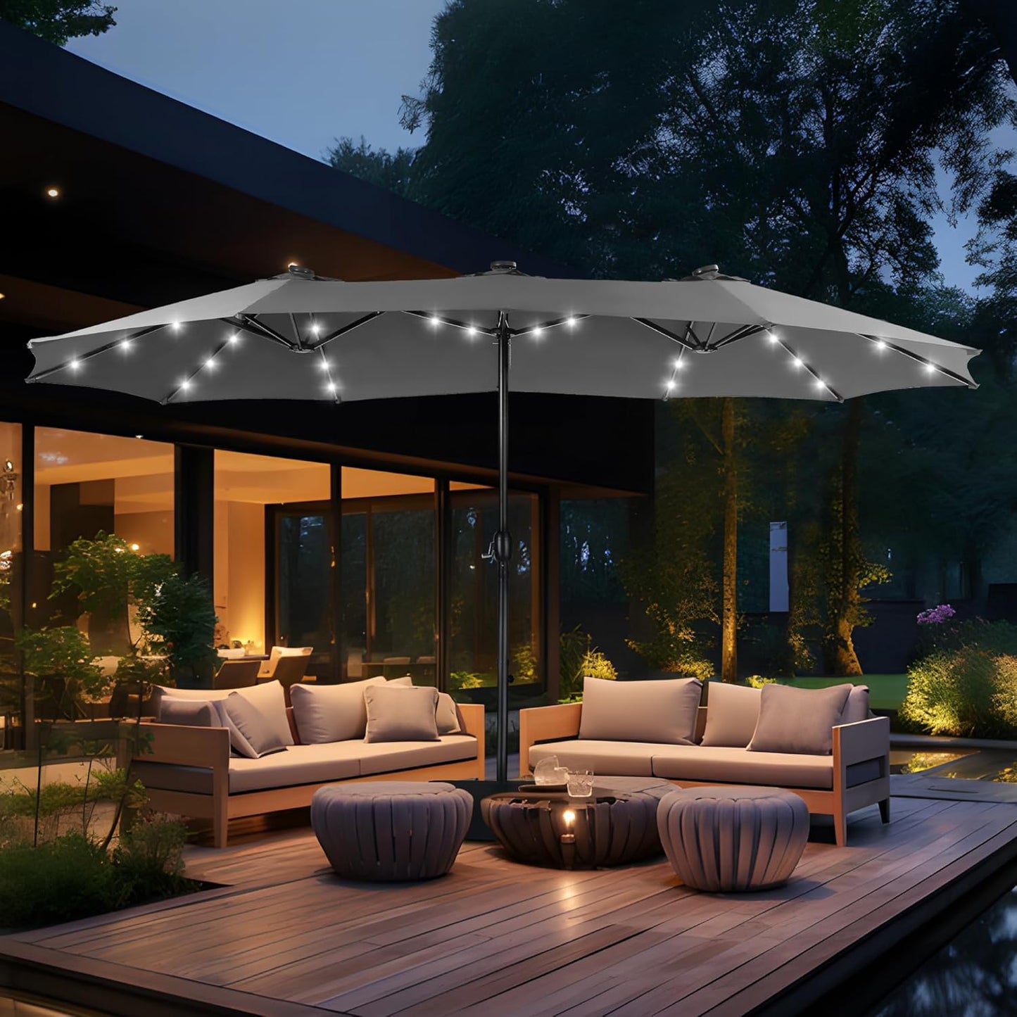 15ft Double Sided Patio Umbrella with Solar Lights, Outdoor Large Umbrellas with Crank Handle and 36 LED Lights, Rectangular Market Umbrella with Base Included for Deck Pool Shade