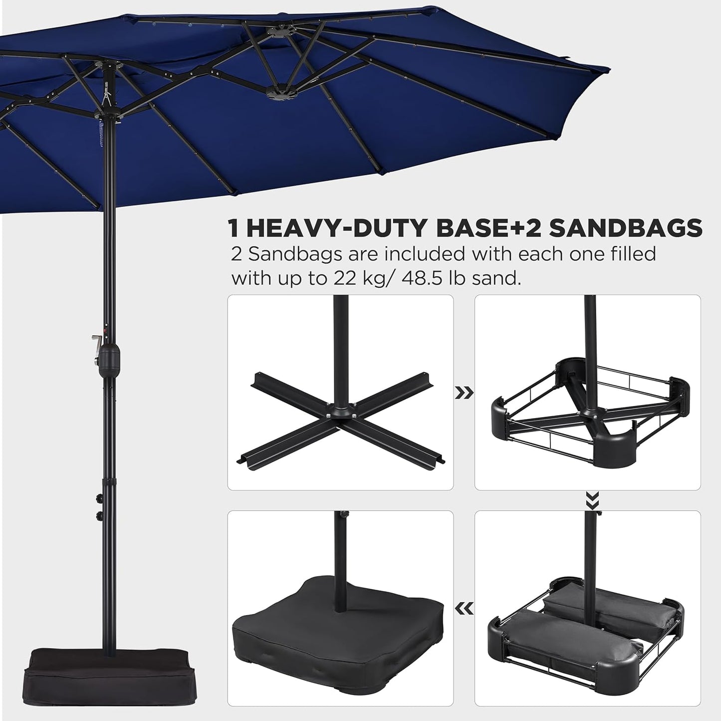 15 ft Large Patio Umbrella with Solar Lights Double-Sided Outdoor Rectangle Market Umbrellas with 36 LED Lights/Base Included/Easy Crank for Patio Garden Yard Pool Lawn, Brown