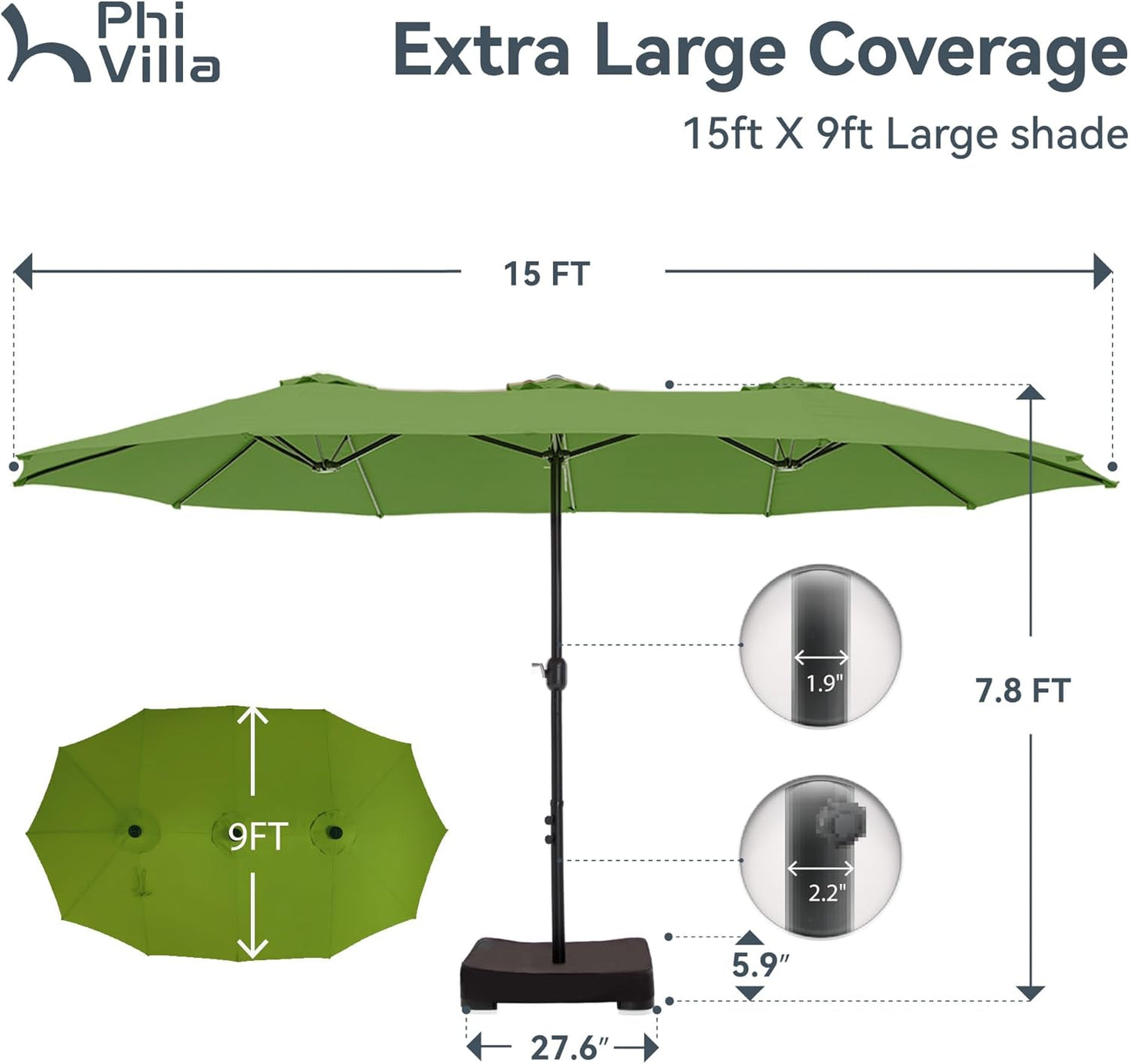 15ft Patio Umbrella Double-Sided Outdoor Market Extra Large Umbrella with Crank, Umbrella Base Included (Dark Red)