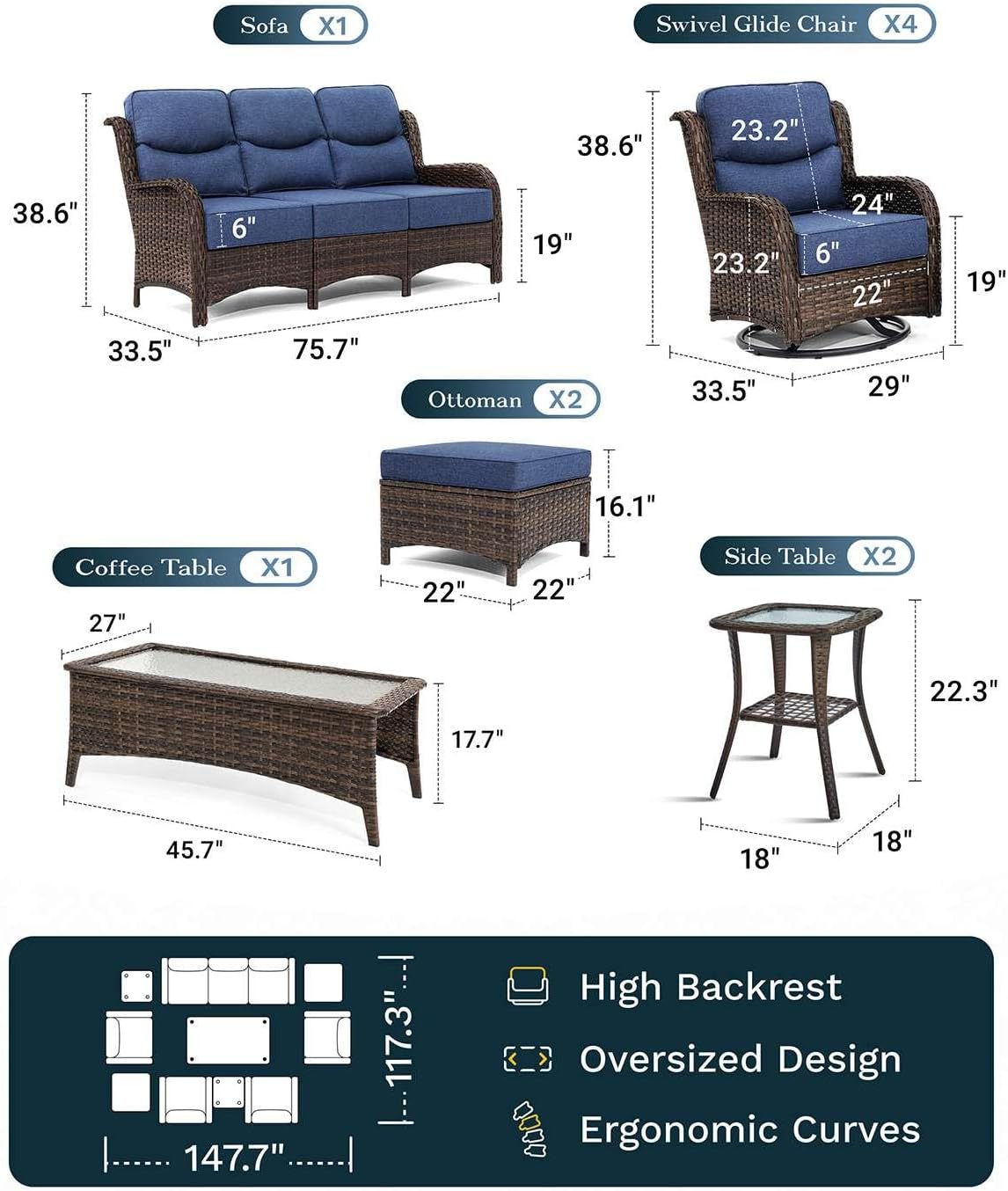 Outdoor Swivel Rocker Patio Chairs with 6-Inch Thick Cushions and Side Table, 3PCS High Back Wicker Patio Furniture Set for Porch, Balcony, Deck and Yard in Blue