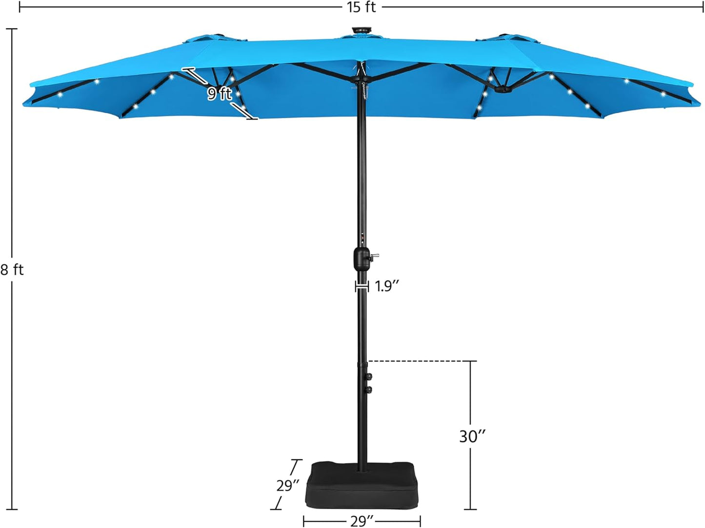 15 ft Large Patio Umbrella with Solar Lights Double-Sided Outdoor Rectangle Market Umbrellas with 36 LED Lights/Base Included/Easy Crank for Patio Garden Yard Pool Lawn, Brown