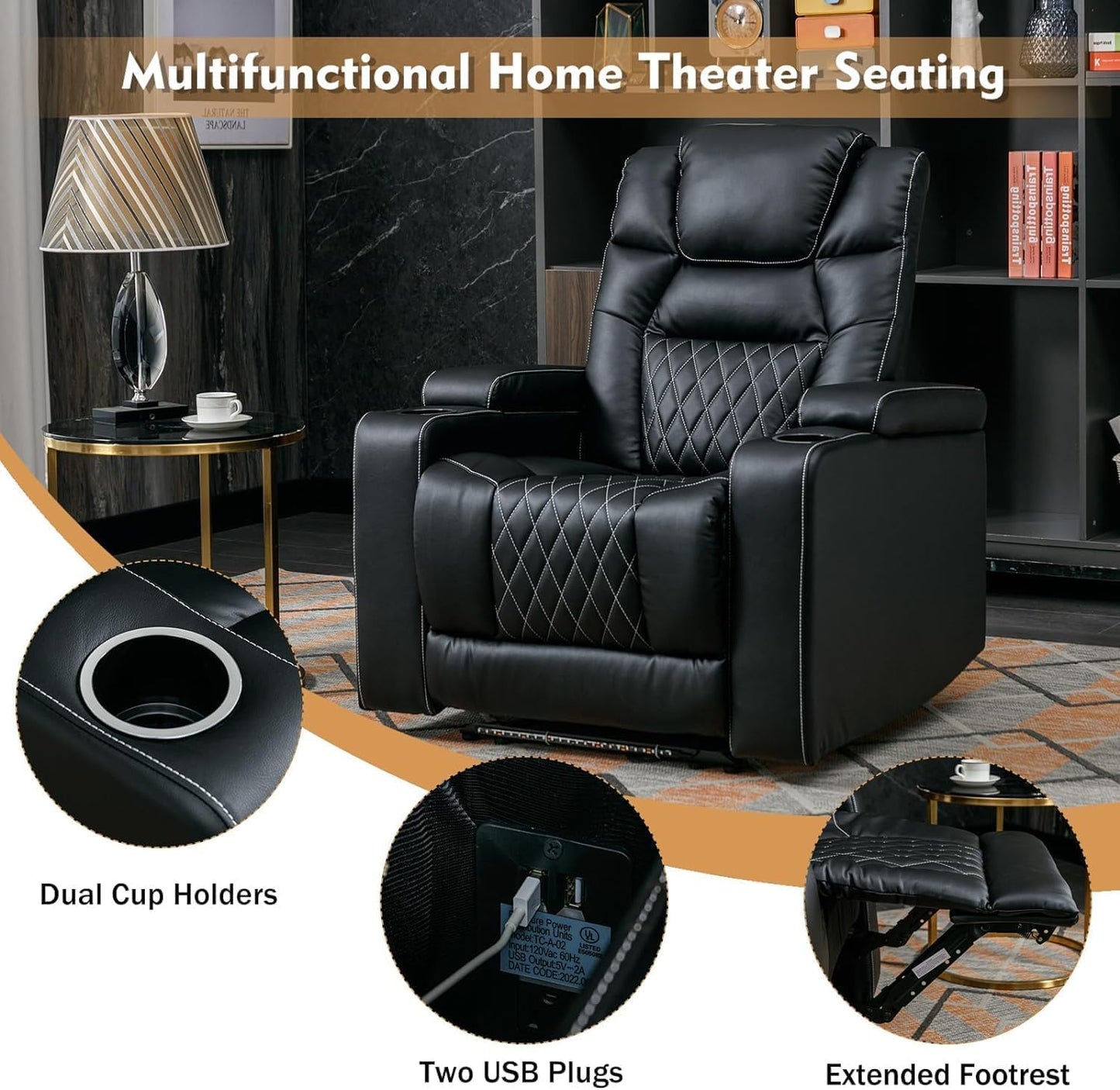 Power Home Theater Seating Set of 3, Brown Faux Leather Electric Recliner Chair with Powered Headrest, Dual Motors Movie Reclining Chairs with LED Lights,USB Port,Cup Holders, Hidden Arm Storage