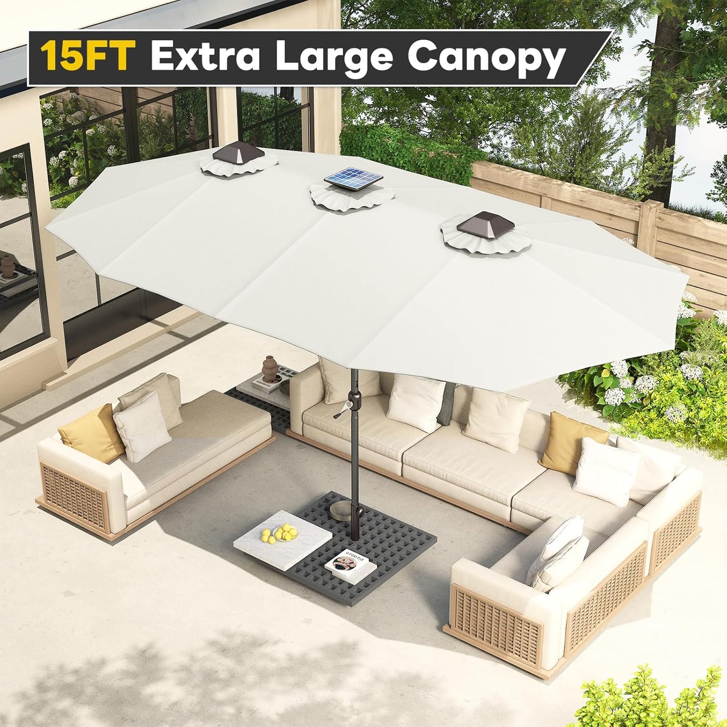 15ft Patio Umbrella with Solar Lights, Large Double Umbrella Outdoor, Rectangle 180''x106'' Umbrellas with 156 PCS LED Lights and Crank Handle for Backyard Deck Pool Shade in Black(1.9" Pole)