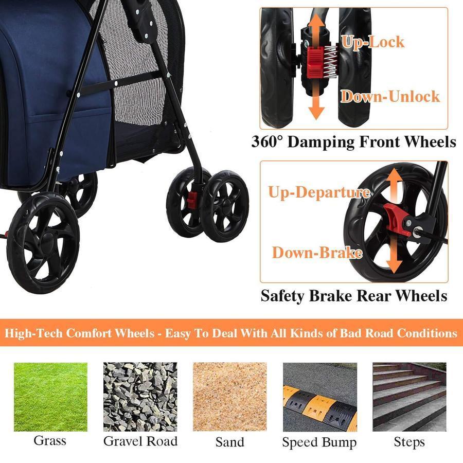 42 Double Pet Stroller for 2 Dogs & Cats,4 Wheels Dog Strollers Folding Travel Cat Stroller with Suspension System,Navy Blue