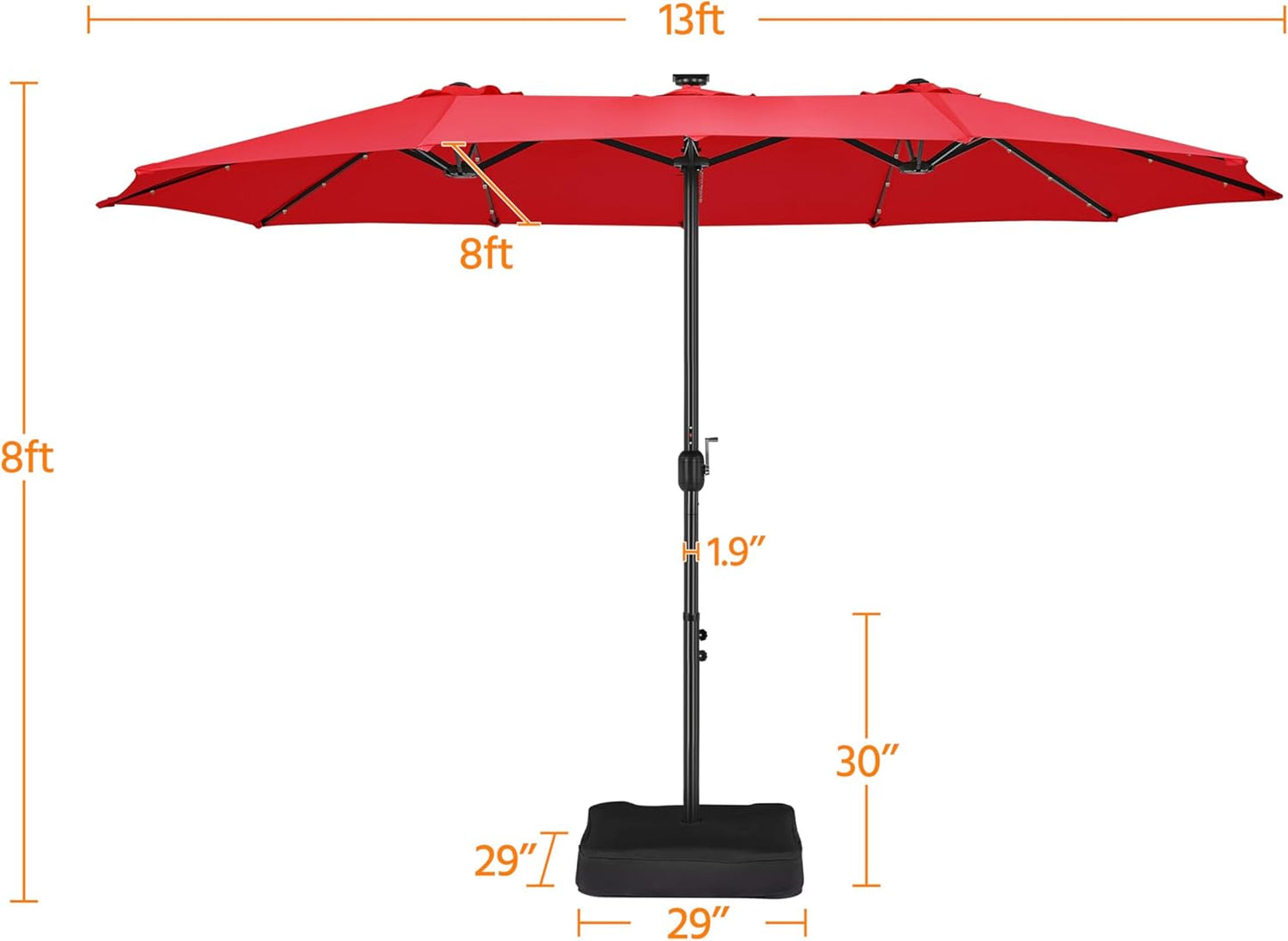 15 ft Large Patio Umbrella with Solar Lights Double-Sided Outdoor Rectangle Market Umbrellas with 36 LED Lights/Base Included/Easy Crank for Patio Garden Yard Pool Lawn, Brown