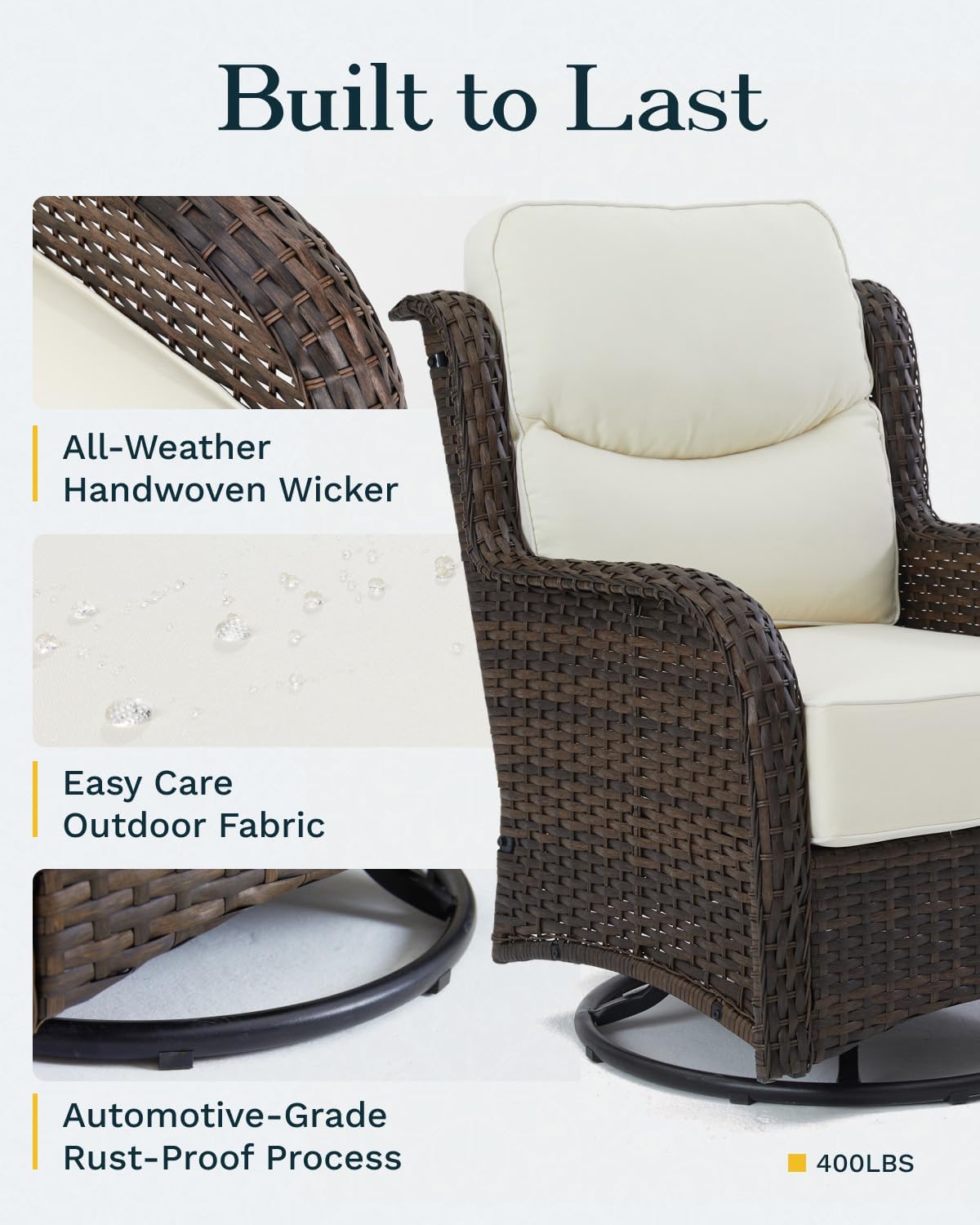 Outdoor Swivel Rocker Patio Chairs with 6-Inch Thick Cushions and Side Table, 3PCS High Back Wicker Patio Furniture Set for Porch, Balcony, Deck and Yard in Blue