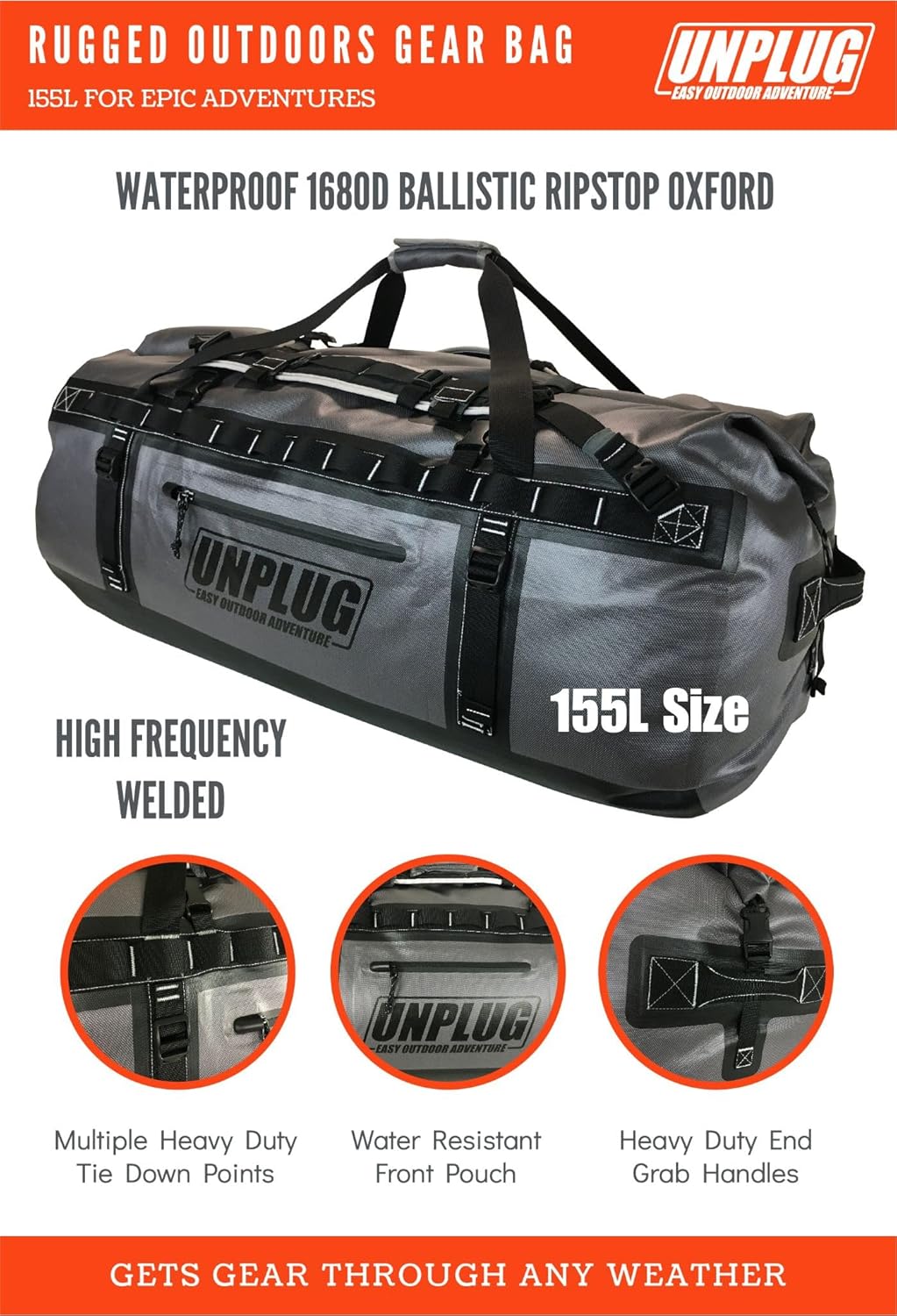 UNPLUG Ultimate Adventure Bag -1680D Heavy Duty Waterproof Travel Duffel Bags for Camping, Motorcycle Dry Bag, Waterproof Bags for Boating, Waterproof Duffle Backpack,Tactical Duffle Bag