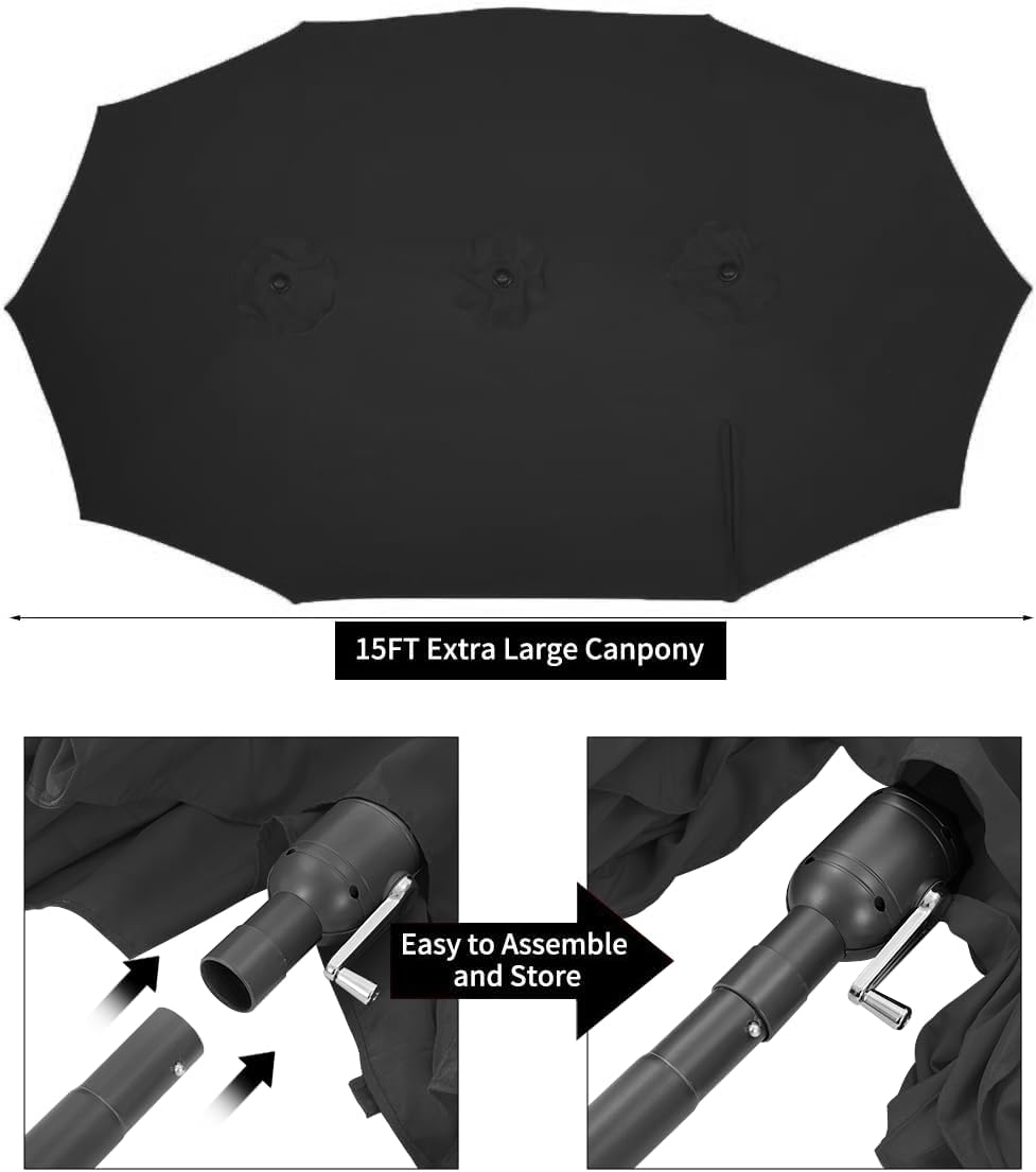 15ft Patio Umbrella with Solar Lights, Large Double Umbrella Outdoor, Rectangle 180''x106'' Umbrellas with 156 PCS LED Lights and Crank Handle for Backyard Deck Pool Shade in Black(1.9" Pole)