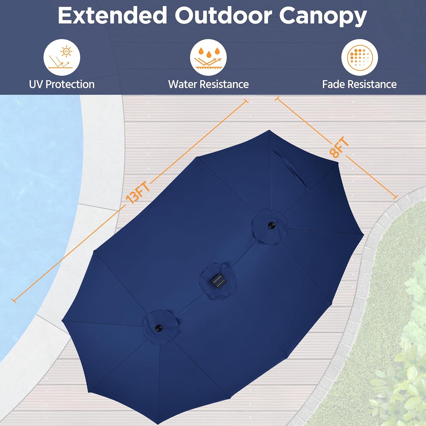15 ft Large Patio Umbrella with Solar Lights Double-Sided Outdoor Rectangle Market Umbrellas with 36 LED Lights/Base Included/Easy Crank for Patio Garden Yard Pool Lawn, Brown