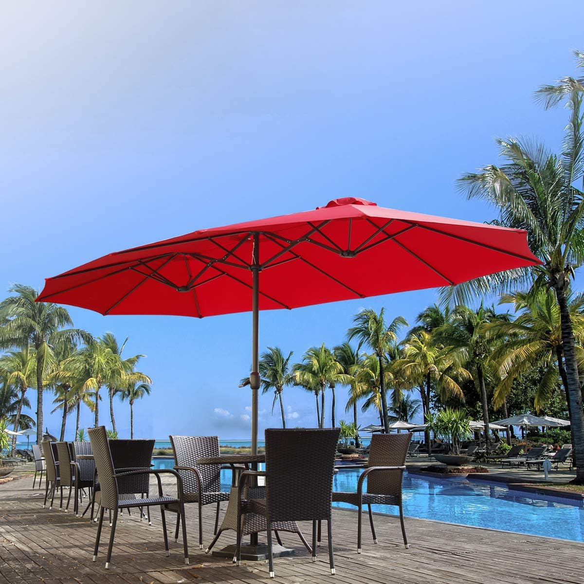 15ft Patio Umbrella with Solar Lights, Large Double Umbrella Outdoor, Rectangle 180''x106'' Umbrellas with 156 PCS LED Lights and Crank Handle for Backyard Deck Pool Shade in Black(1.9" Pole)