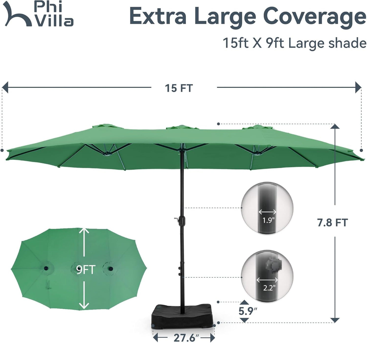 15ft Patio Umbrella Double-Sided Outdoor Market Extra Large Umbrella with Crank, Umbrella Base Included (Dark Red)