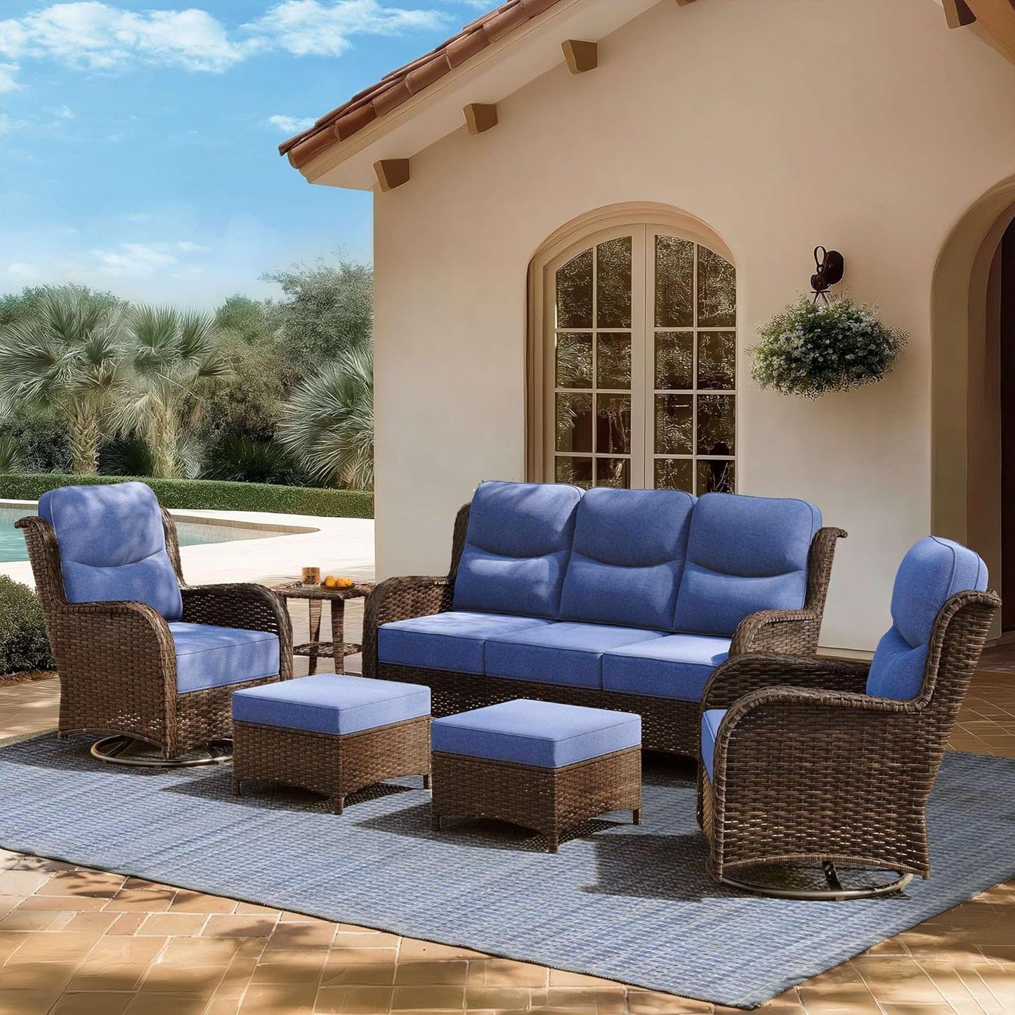 Outdoor Swivel Rocker Patio Chairs with 6-Inch Thick Cushions and Side Table, 3PCS High Back Wicker Patio Furniture Set for Porch, Balcony, Deck and Yard in Blue