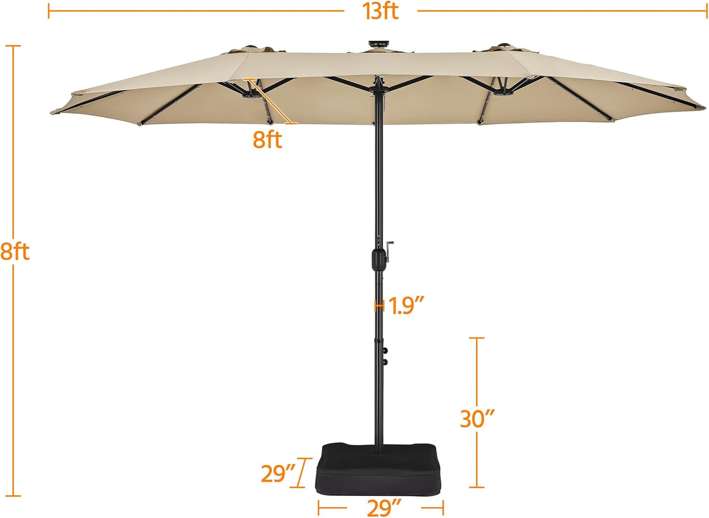 15 ft Large Patio Umbrella with Solar Lights Double-Sided Outdoor Rectangle Market Umbrellas with 36 LED Lights/Base Included/Easy Crank for Patio Garden Yard Pool Lawn, Brown