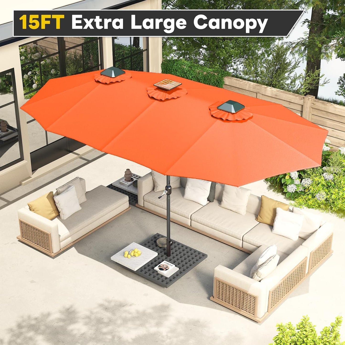 15ft Patio Umbrella with Solar Lights, Large Double Umbrella Outdoor, Rectangle 180''x106'' Umbrellas with 156 PCS LED Lights and Crank Handle for Backyard Deck Pool Shade in Black(1.9" Pole)
