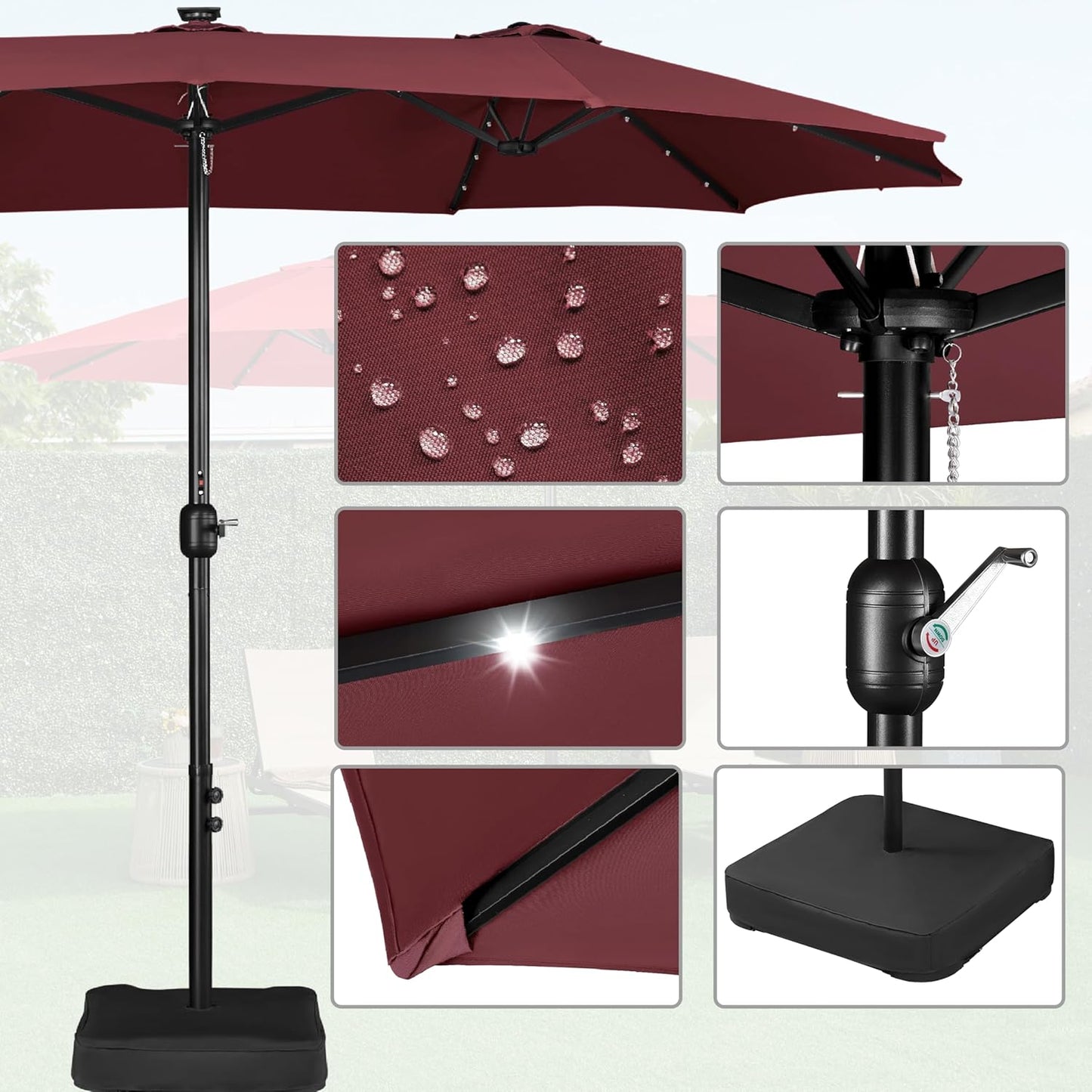 15 ft Large Patio Umbrella with Solar Lights Double-Sided Outdoor Rectangle Market Umbrellas with 36 LED Lights/Base Included/Easy Crank for Patio Garden Yard Pool Lawn, Brown