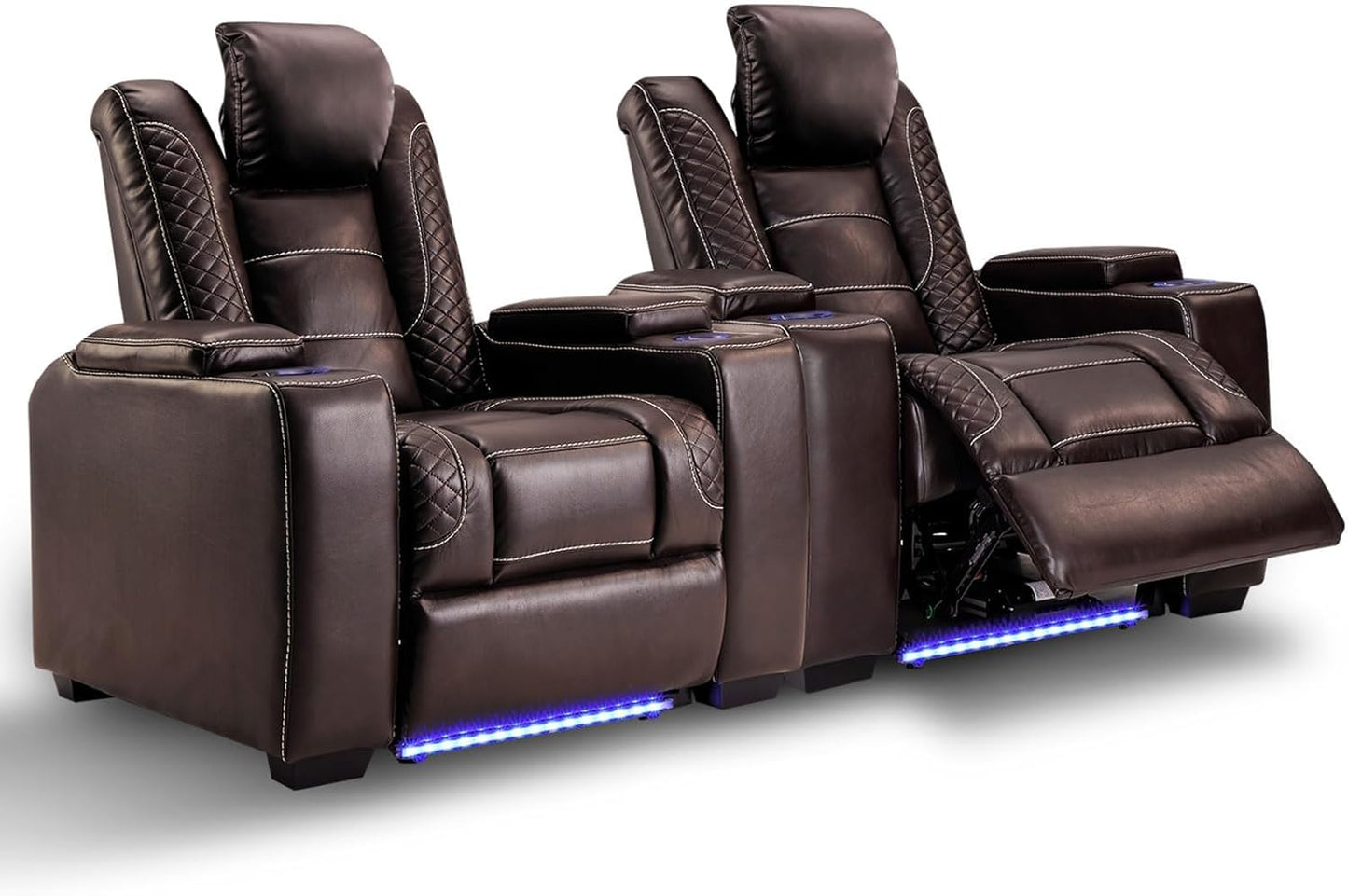 Power Home Theater Seating Set of 3, Brown Faux Leather Electric Recliner Chair with Powered Headrest, Dual Motors Movie Reclining Chairs with LED Lights,USB Port,Cup Holders, Hidden Arm Storage