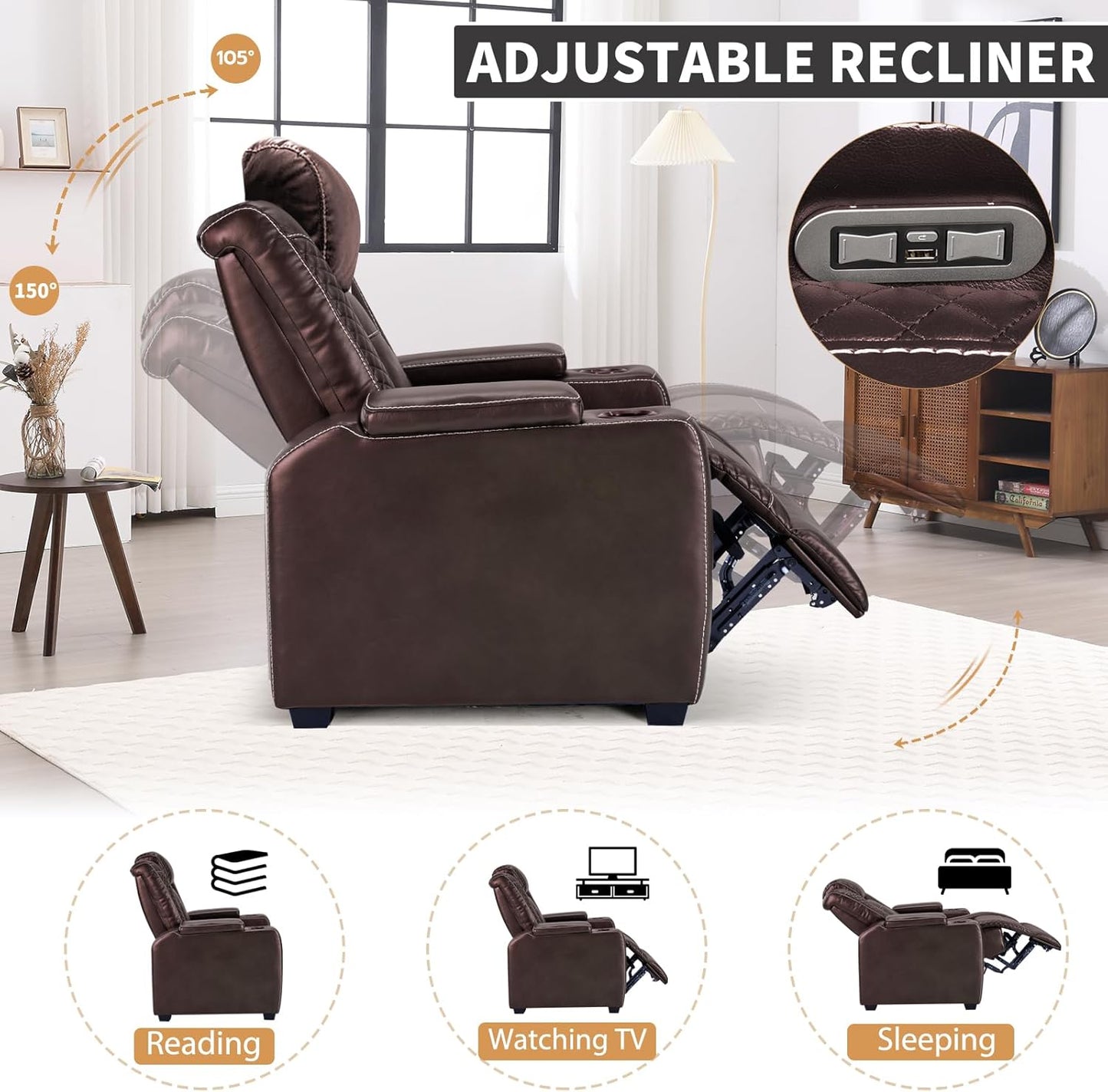 Power Home Theater Seating Set of 3, Brown Faux Leather Electric Recliner Chair with Powered Headrest, Dual Motors Movie Reclining Chairs with LED Lights,USB Port,Cup Holders, Hidden Arm Storage