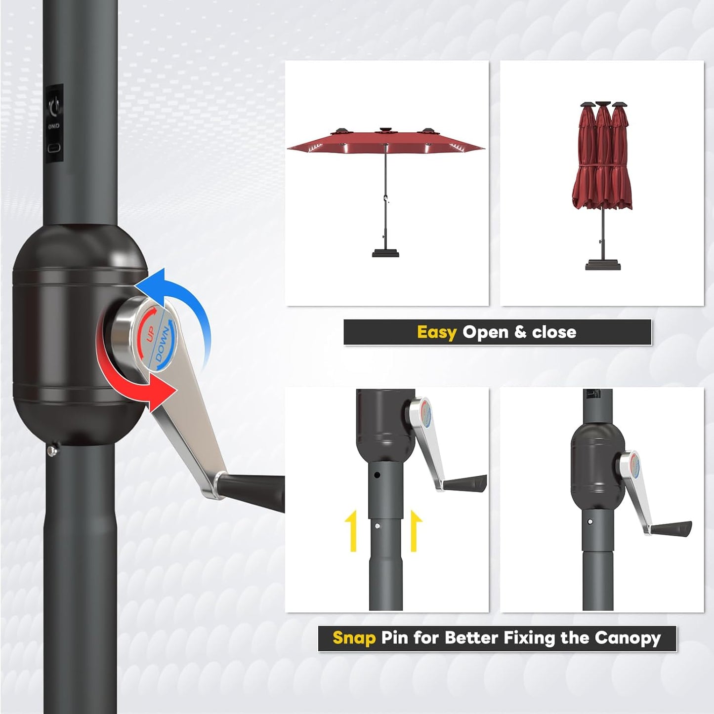 15ft Patio Umbrella with Solar Lights, Large Double Umbrella Outdoor, Rectangle 180''x106'' Umbrellas with 156 PCS LED Lights and Crank Handle for Backyard Deck Pool Shade in Black(1.9" Pole)
