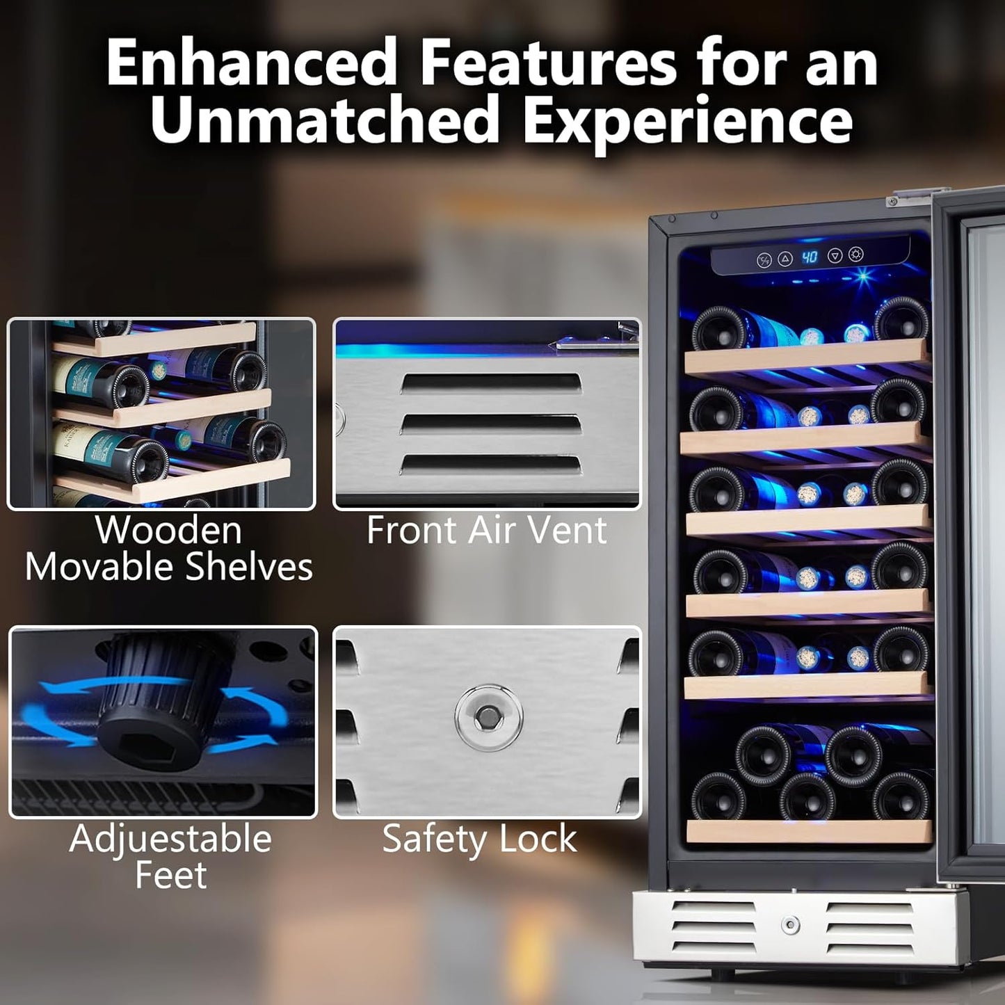 24 inch Wine Cooler, 46 Bottle - Dual Zone Built-in or Freestanding Fridge with Stainless Steel Reversible Glass Door, for Home, Kitchen, or Office.