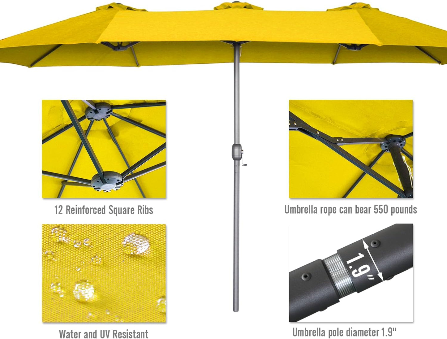 15ft Patio Umbrella with Solar Lights, Large Double Umbrella Outdoor, Rectangle 180''x106'' Umbrellas with 156 PCS LED Lights and Crank Handle for Backyard Deck Pool Shade in Black(1.9" Pole)