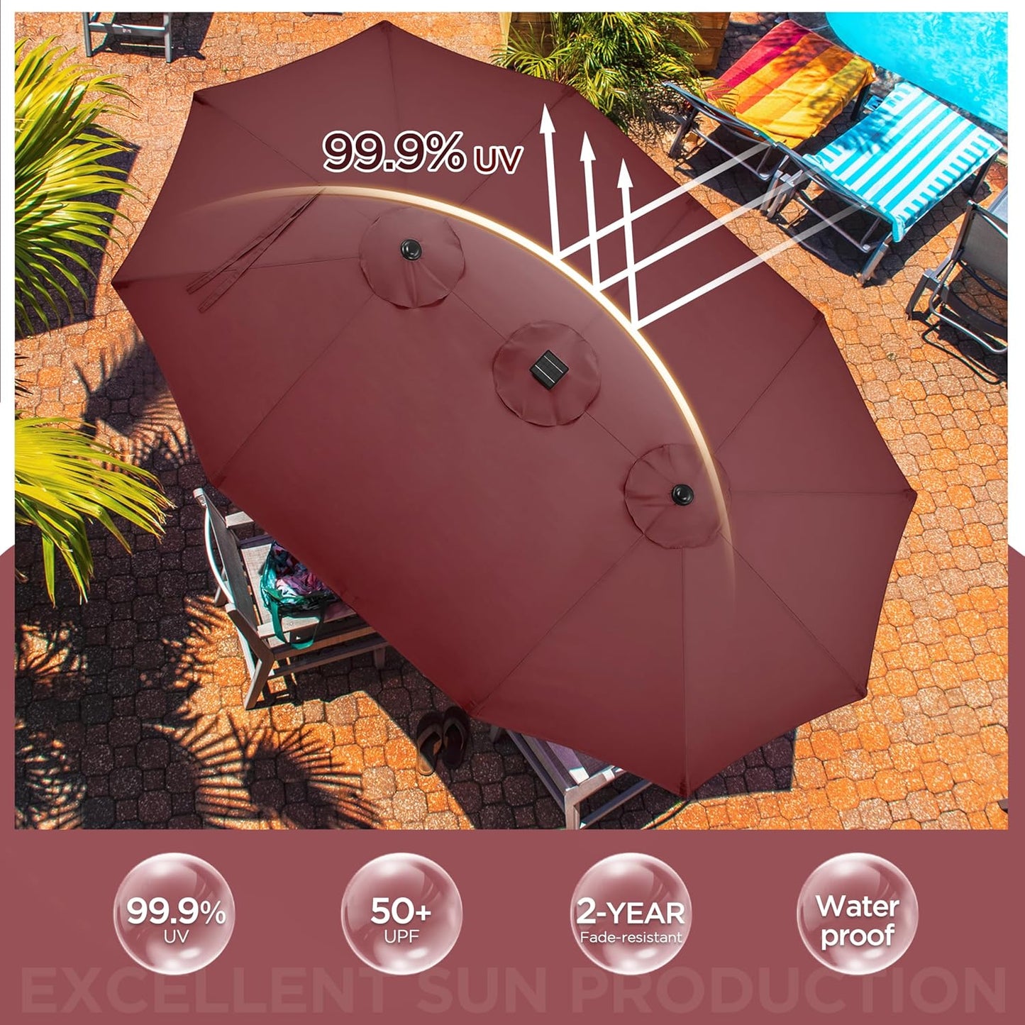 15 ft Large Patio Umbrella with Solar Lights Double-Sided Outdoor Rectangle Market Umbrellas with 36 LED Lights/Base Included/Easy Crank for Patio Garden Yard Pool Lawn, Brown