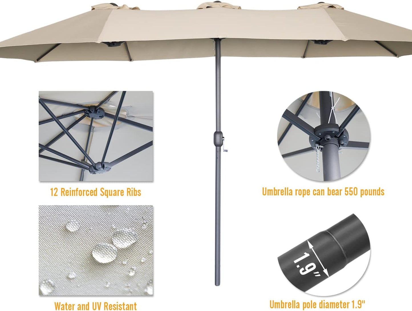 15ft Patio Umbrella with Solar Lights, Large Double Umbrella Outdoor, Rectangle 180''x106'' Umbrellas with 156 PCS LED Lights and Crank Handle for Backyard Deck Pool Shade in Black(1.9" Pole)