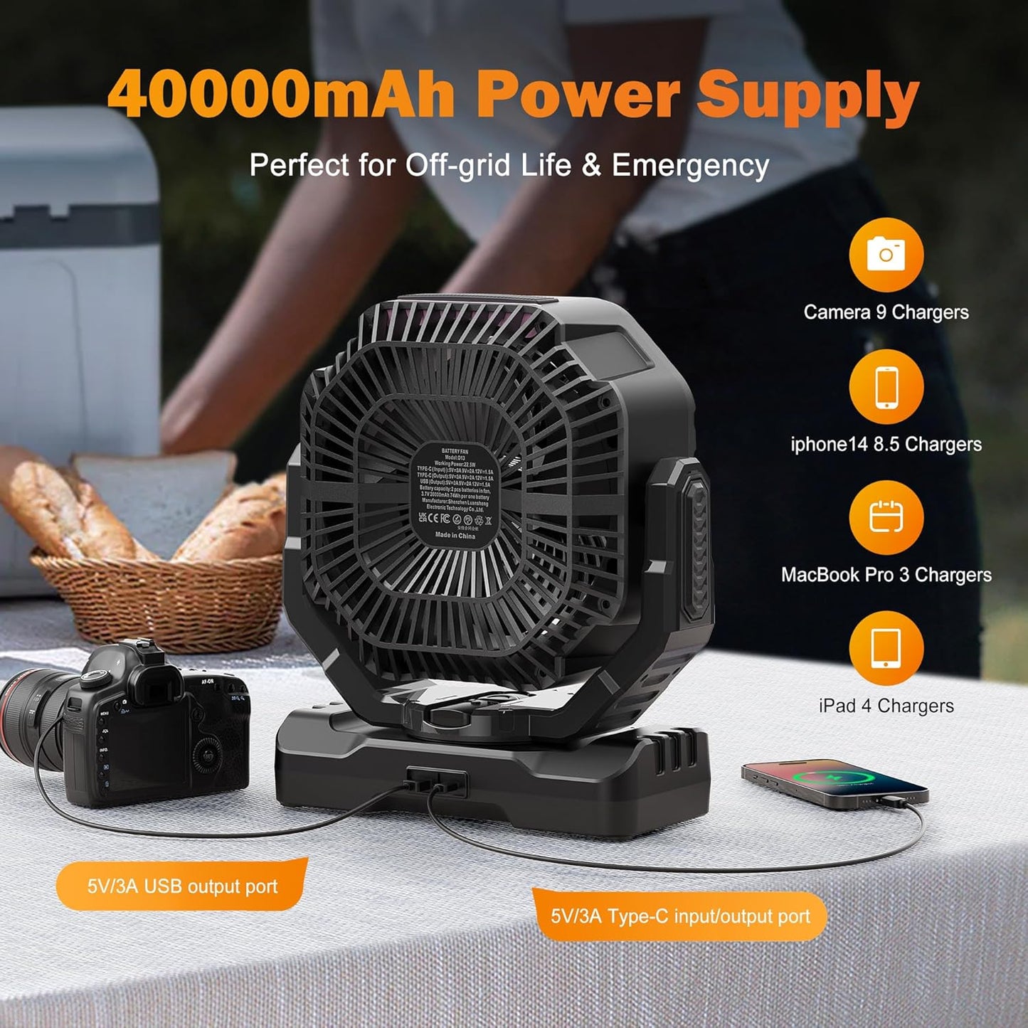 40000mAh Rechargeable Camping Fan, Battery Operated Fan with Light & Remote, 12" Portable Outdoor Fan, Auto Oscillating Battery Powered Floor Fan for Tent RV Car Travel Jobsite Hurricane Power Outages