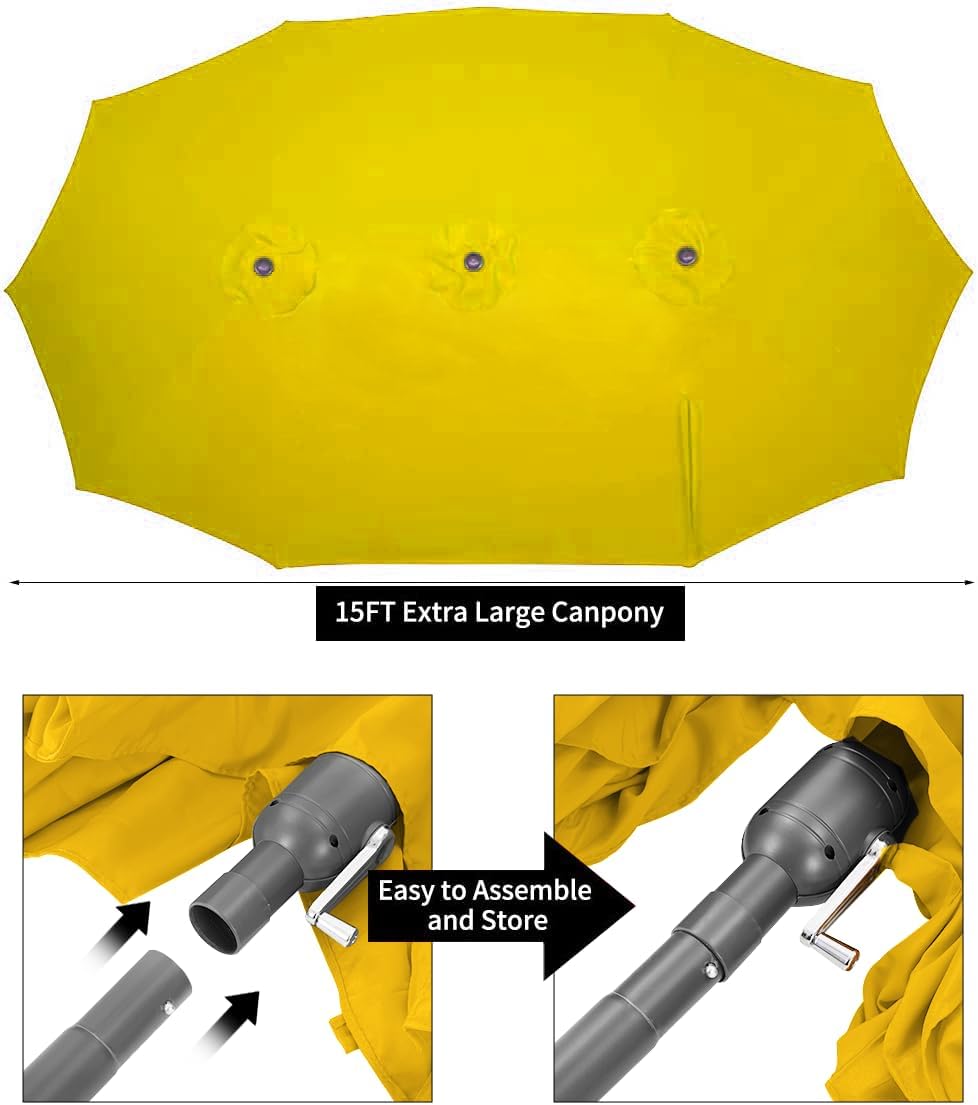 15ft Patio Umbrella with Solar Lights, Large Double Umbrella Outdoor, Rectangle 180''x106'' Umbrellas with 156 PCS LED Lights and Crank Handle for Backyard Deck Pool Shade in Black(1.9" Pole)