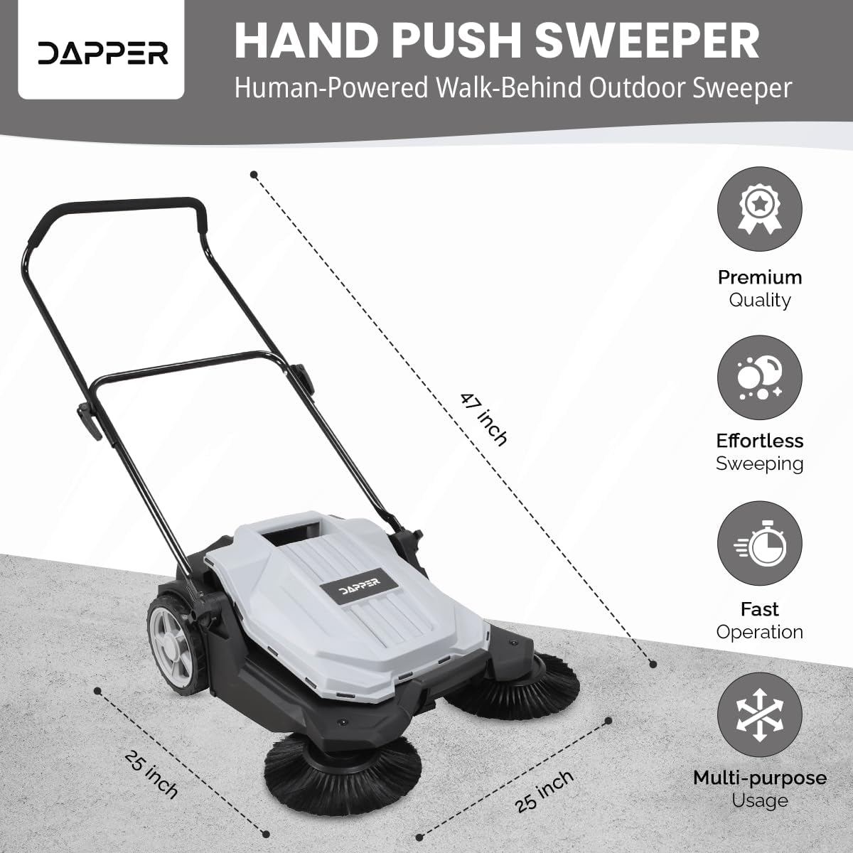 Walk-Behind Outdoor Hand Push Floor Sweeper - 5.25 Gallon Capacity - 25.5" Sweeping Width - Sweeps up to 27,900 ft² / Hour, Grey