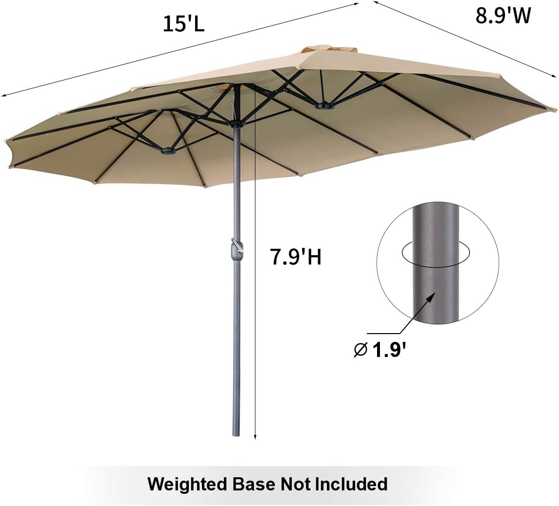 15ft Patio Umbrella with Solar Lights, Large Double Umbrella Outdoor, Rectangle 180''x106'' Umbrellas with 156 PCS LED Lights and Crank Handle for Backyard Deck Pool Shade in Black(1.9" Pole)