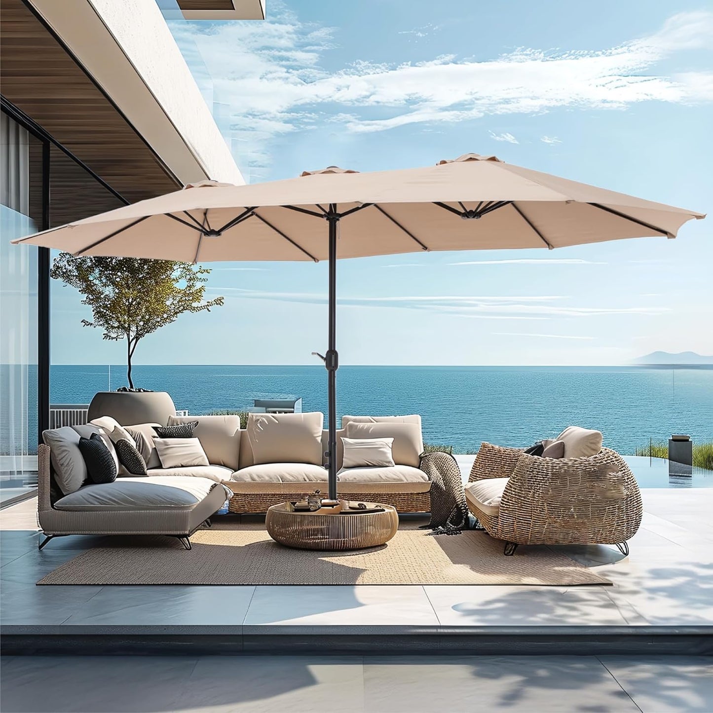 15ft Patio Umbrella Double-Sided Outdoor Market Extra Large Umbrella with Crank, Umbrella Base Included (Dark Red)