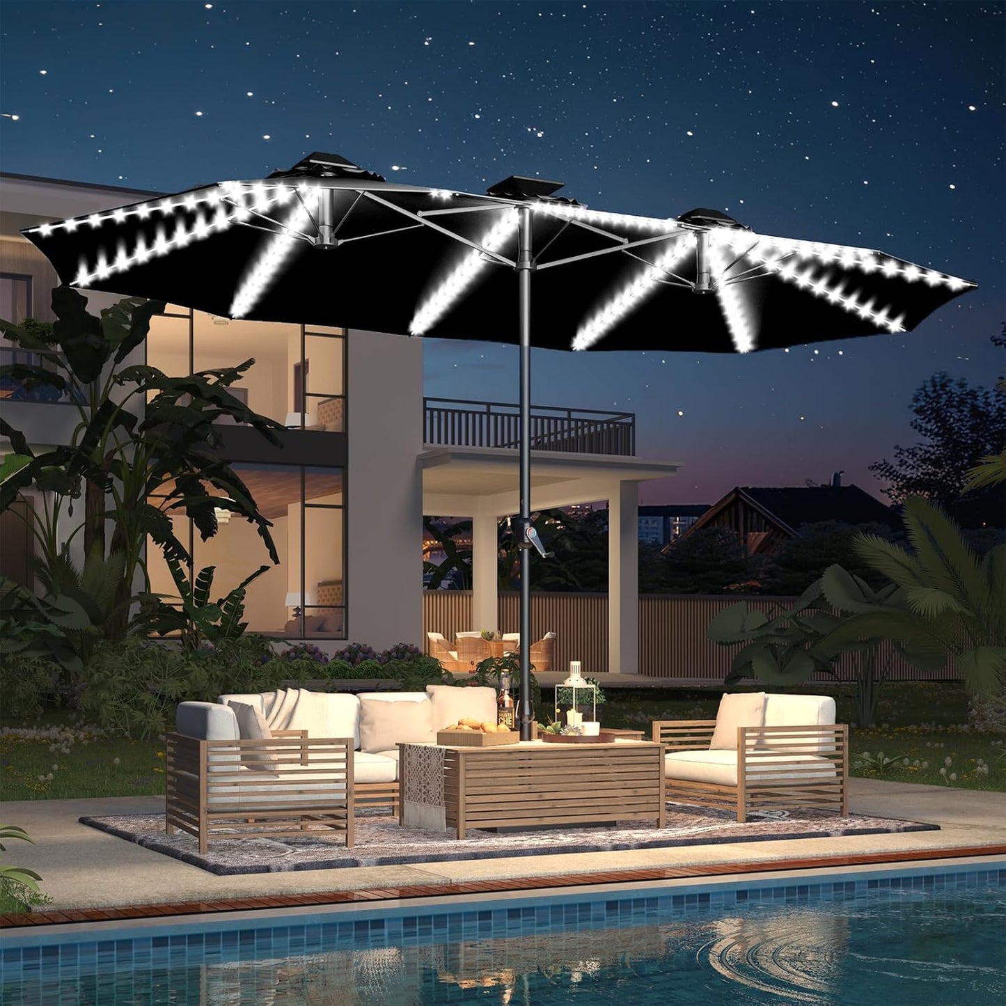 15ft Patio Umbrella with Solar Lights, Large Double Umbrella Outdoor, Rectangle 180''x106'' Umbrellas with 156 PCS LED Lights and Crank Handle for Backyard Deck Pool Shade in Black(1.9" Pole)