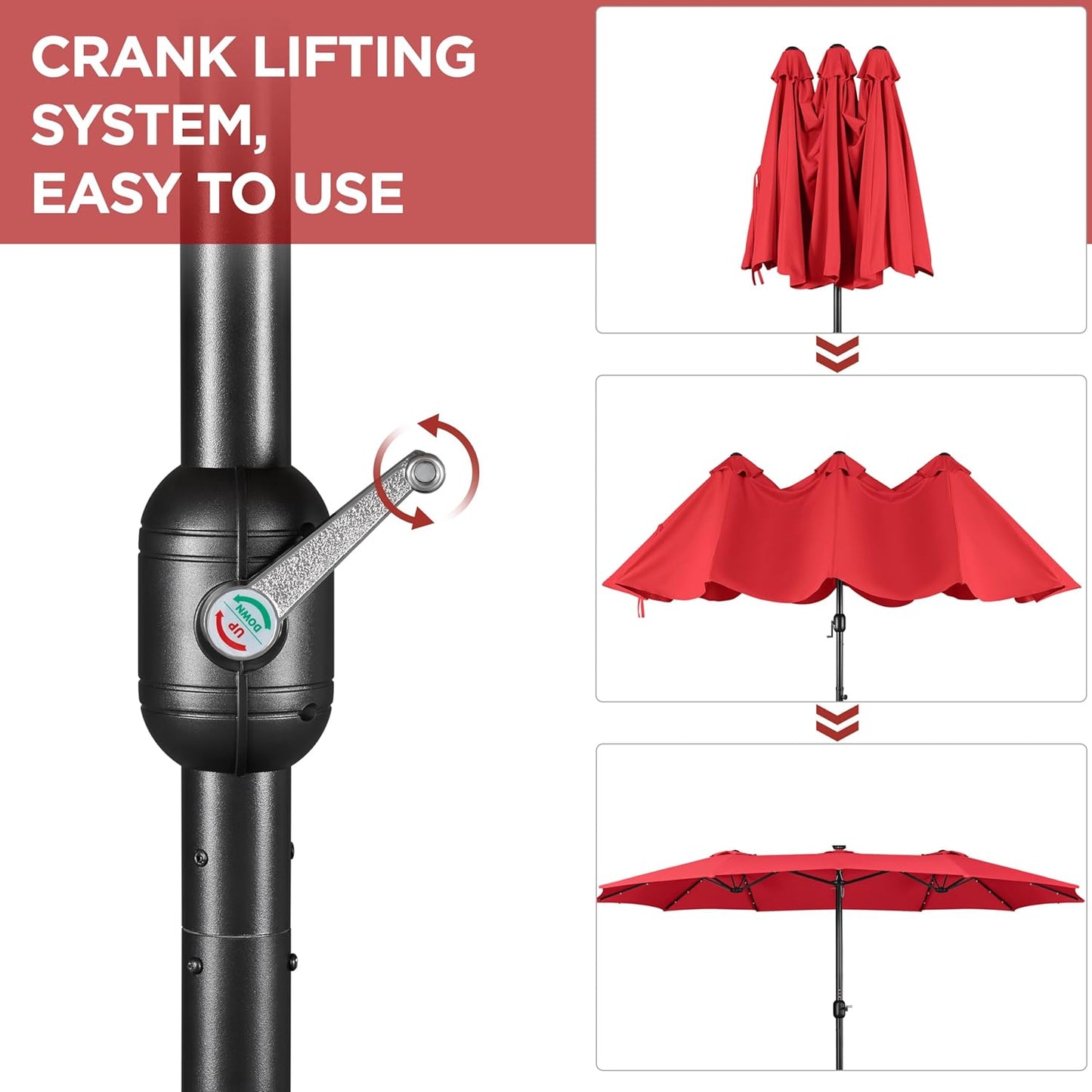 15 ft Large Patio Umbrella with Solar Lights Double-Sided Outdoor Rectangle Market Umbrellas with 36 LED Lights/Base Included/Easy Crank for Patio Garden Yard Pool Lawn, Brown