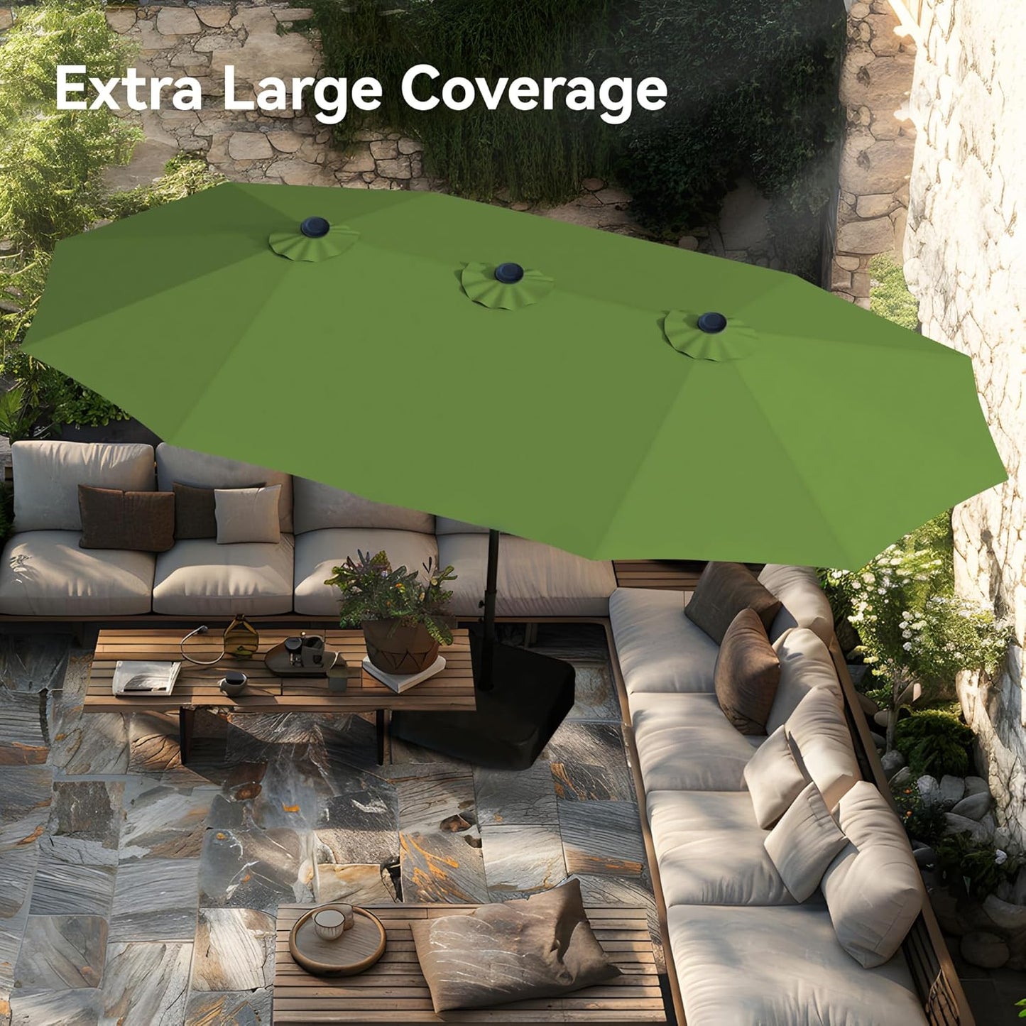 15ft Patio Umbrella Double-Sided Outdoor Market Extra Large Umbrella with Crank, Umbrella Base Included (Dark Red)