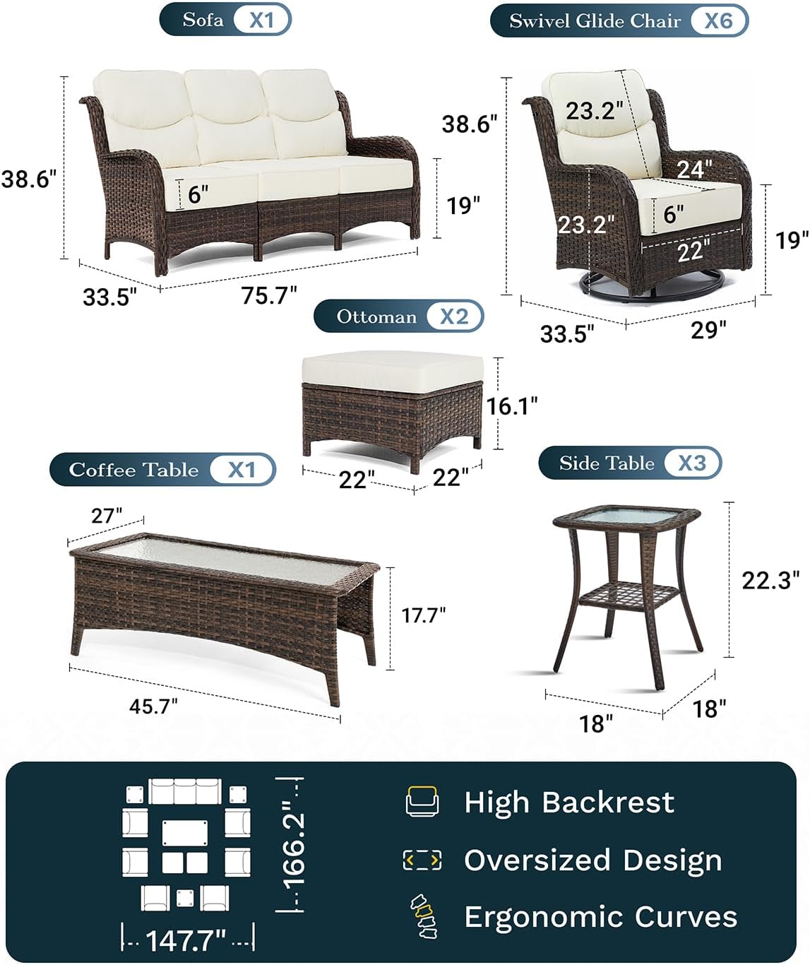 Outdoor Swivel Rocker Patio Chairs with 6-Inch Thick Cushions and Side Table, 3PCS High Back Wicker Patio Furniture Set for Porch, Balcony, Deck and Yard in Blue