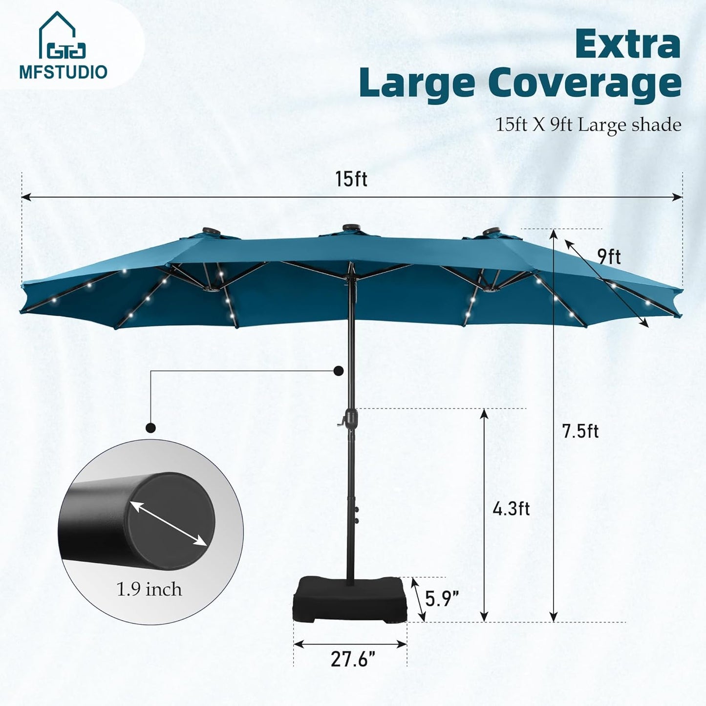 15ft Double Sided Patio Umbrella with Solar Lights, Outdoor Large Umbrellas with Crank Handle and 36 LED Lights, Rectangular Market Umbrella with Base Included for Deck Pool Shade