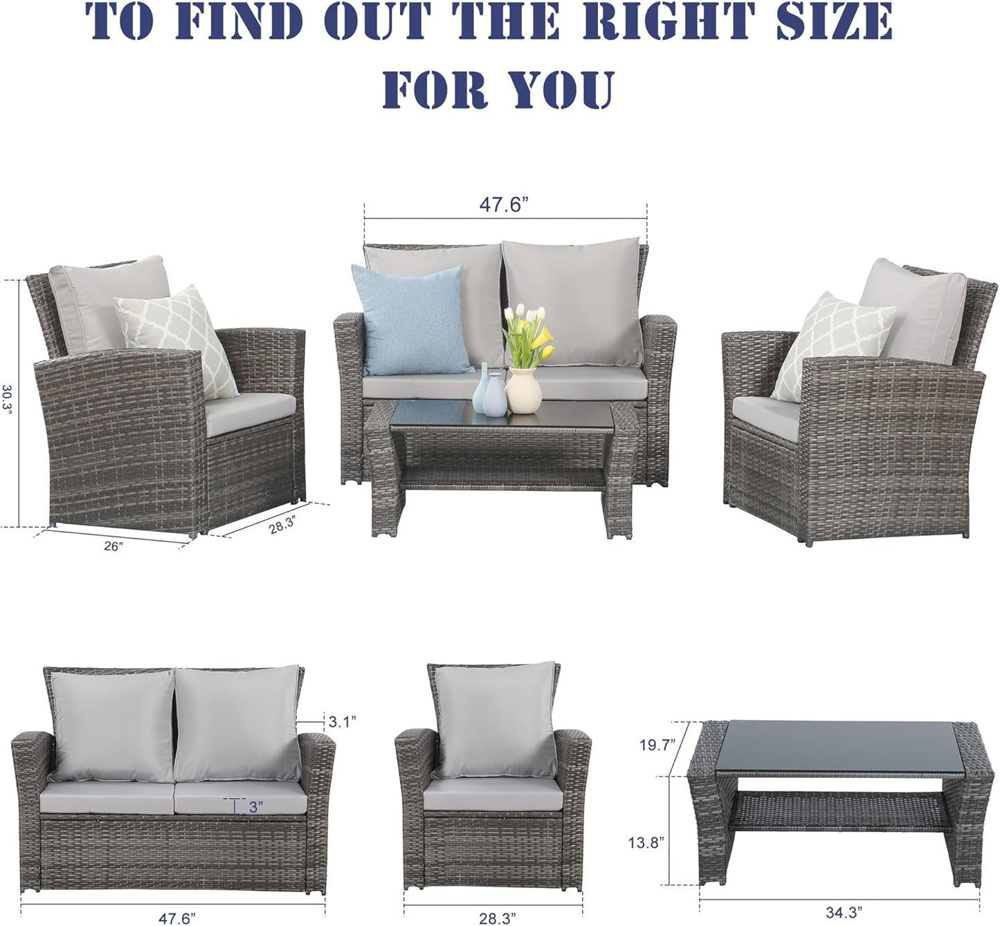 Wisteria Lane 4 Piece Outdoor Patio Furniture Sets, Wicker Conversation Set for Porch Deck, Grey Rattan Sofa Chair with Cushion （Blue