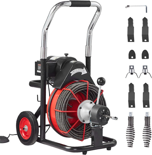 VEVOR Drain Cleaner Machine 100FT x 1/2 Inch, Auto Feed Sewer Snake Auger on Wheels, 550W Portable Drain Cleaning Machine with 8 Cutters & Air-activated Foot Switch for 2" to 4" Pipes