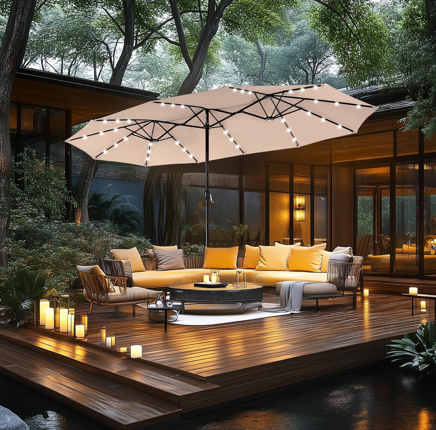 15ft Double Sided Patio Umbrella with Solar Lights, Outdoor Large Umbrellas with Crank Handle and 36 LED Lights, Rectangular Market Umbrella with Base Included for Deck Pool Shade