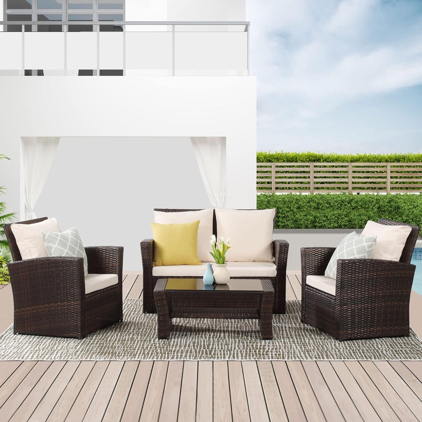 Wisteria Lane 4 Piece Outdoor Patio Furniture Sets, Wicker Conversation Set for Porch Deck, Grey Rattan Sofa Chair with Cushion （Blue