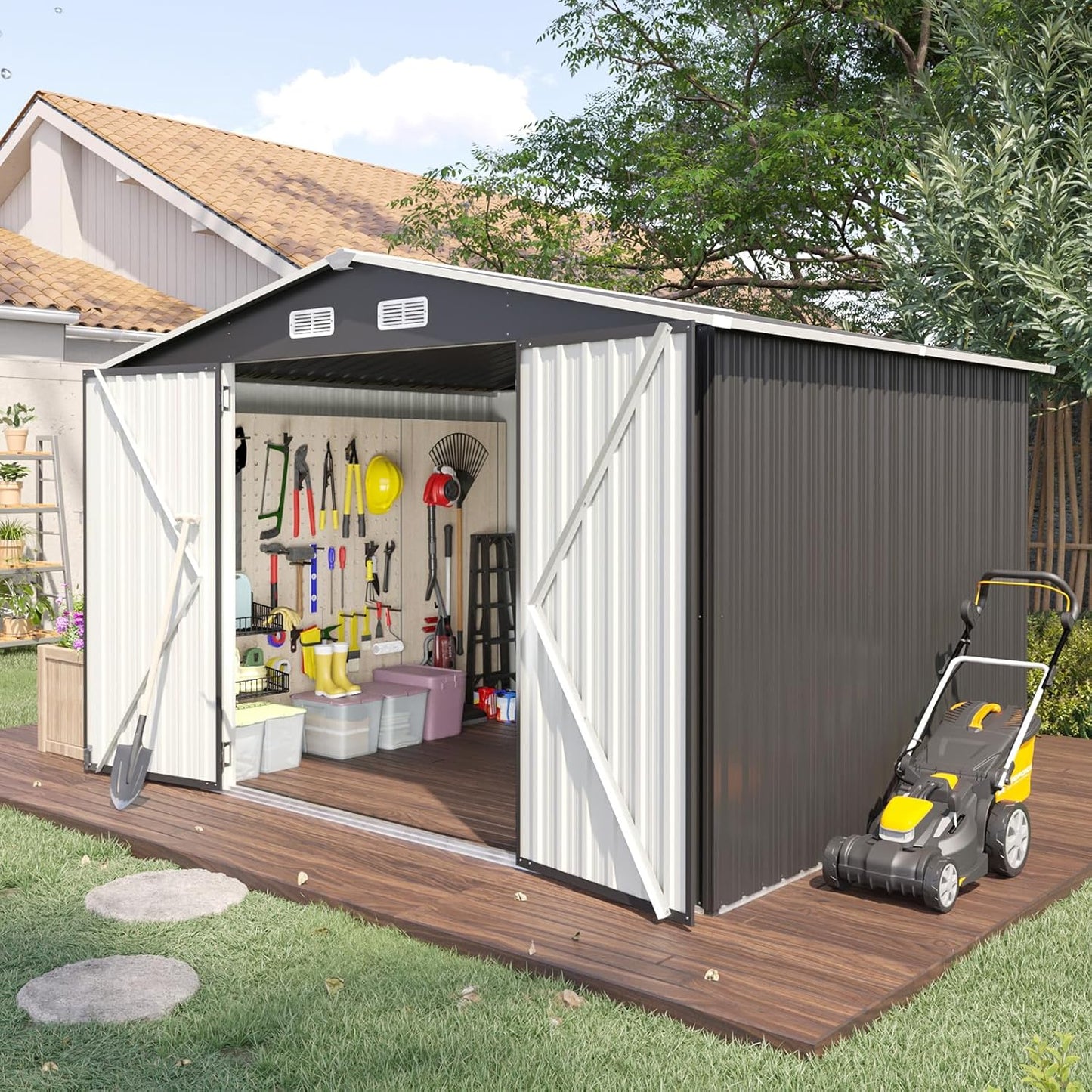Aoxun 5x2.7 FT Outdoor Metal Storage Shed - Durable Water-Resistant Galvanized Steel, Sloping Roof Design, Lockable Door - Ideal for Tool Storage on Lawn, Patio & Backyard (Black)