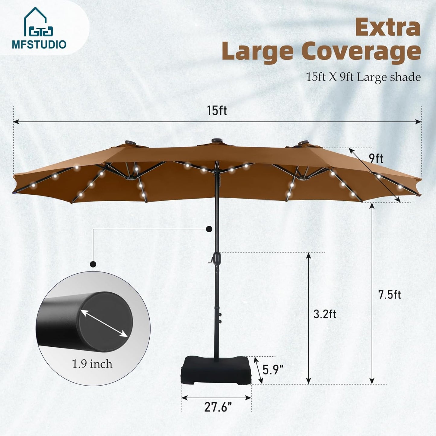 15ft Double Sided Patio Umbrella with Solar Lights, Outdoor Large Umbrellas with Crank Handle and 36 LED Lights, Rectangular Market Umbrella with Base Included for Deck Pool Shade