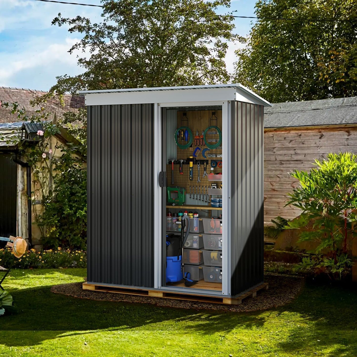 Aoxun 5x2.7 FT Outdoor Metal Storage Shed - Durable Water-Resistant Galvanized Steel, Sloping Roof Design, Lockable Door - Ideal for Tool Storage on Lawn, Patio & Backyard (Black)