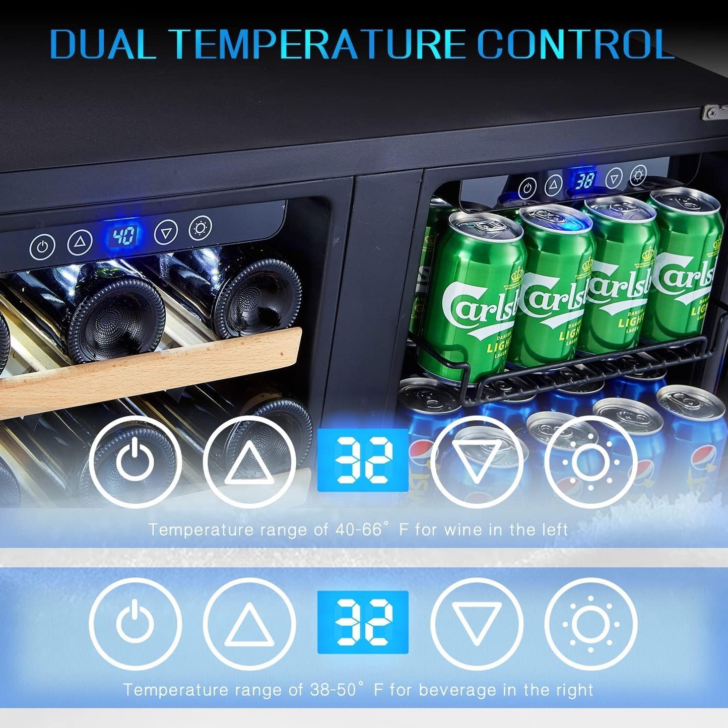 24 inch Wine Cooler, 46 Bottle - Dual Zone Built-in or Freestanding Fridge with Stainless Steel Reversible Glass Door, for Home, Kitchen, or Office.