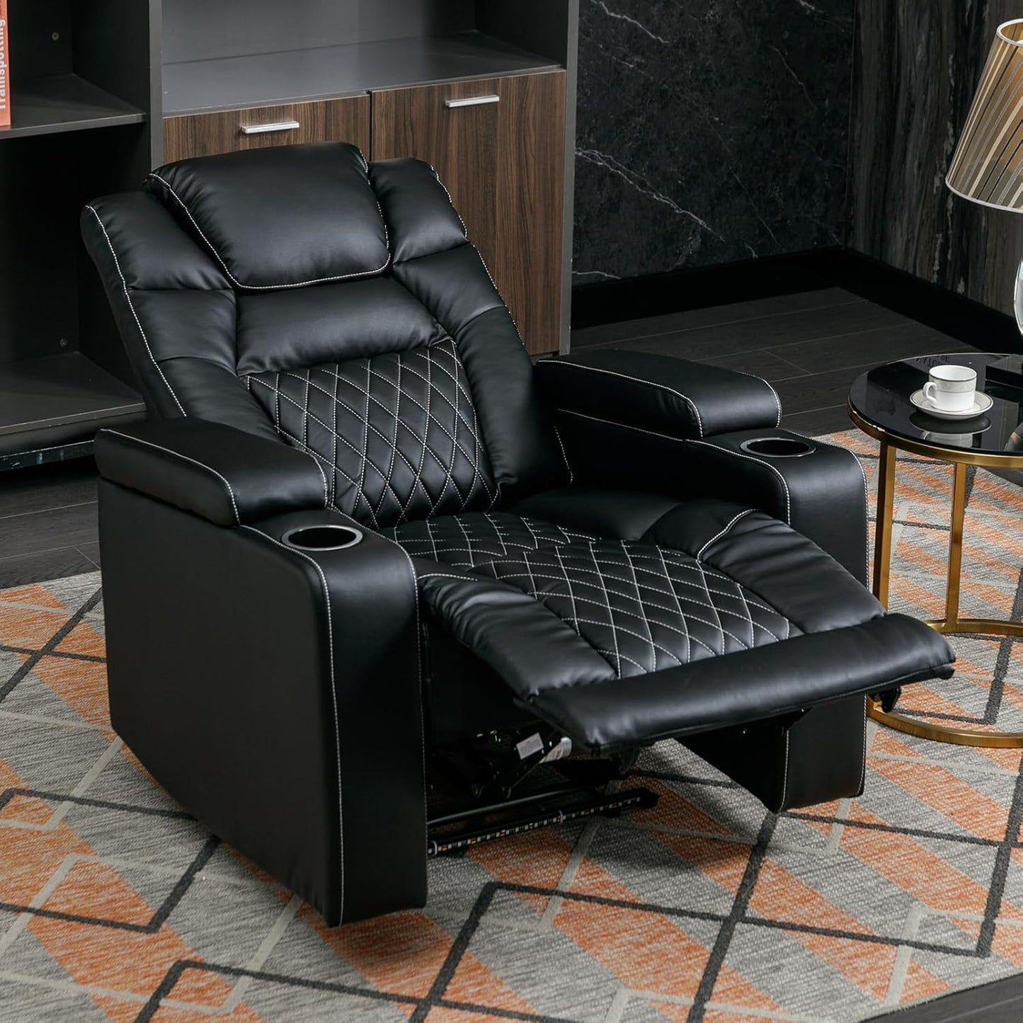 Power Home Theater Seating Set of 3, Brown Faux Leather Electric Recliner Chair with Powered Headrest, Dual Motors Movie Reclining Chairs with LED Lights,USB Port,Cup Holders, Hidden Arm Storage