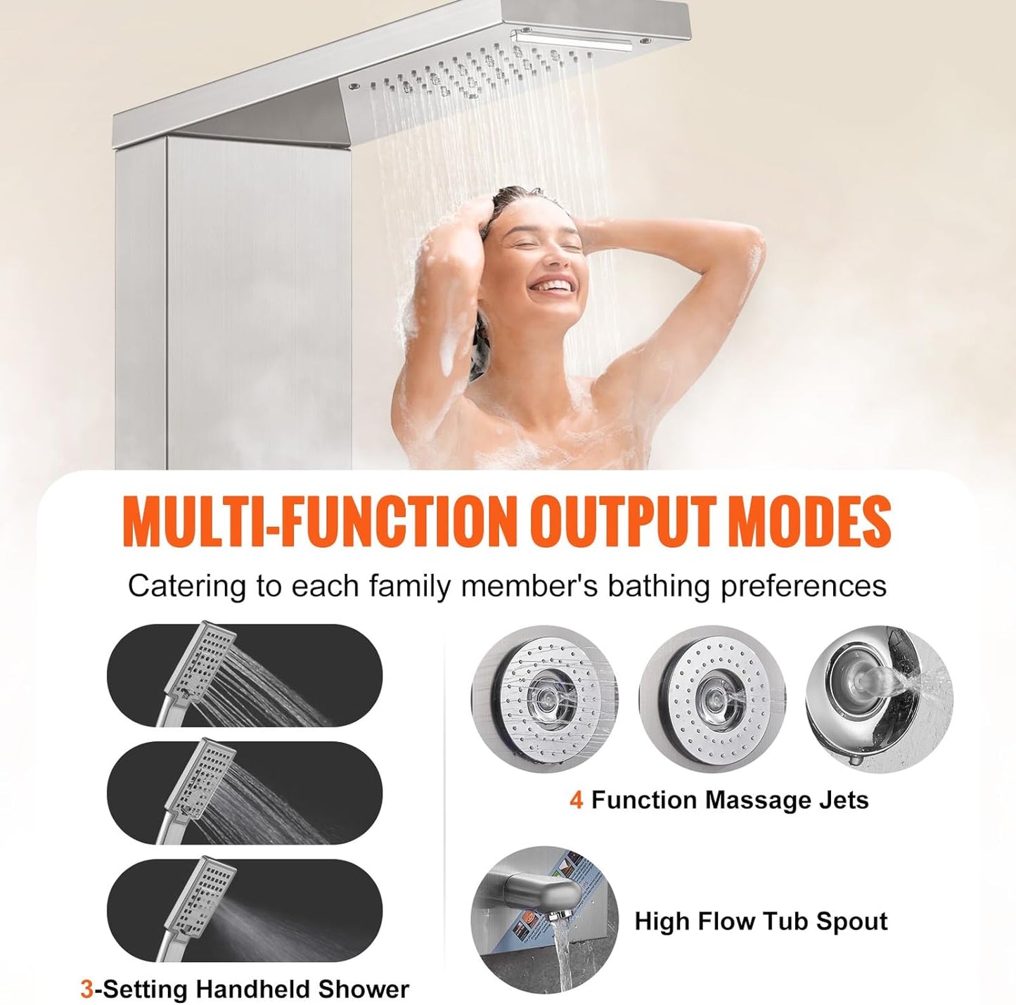 Shower Panel System, 6 Shower Modes, LED & Display Shower Panel Tower, Rainfall, Waterfall, 4 Body Massage Jets, Tub Spout, Handheld Shower Head 59" Hose, Stainless Steel Wall-Mounted Shower Set