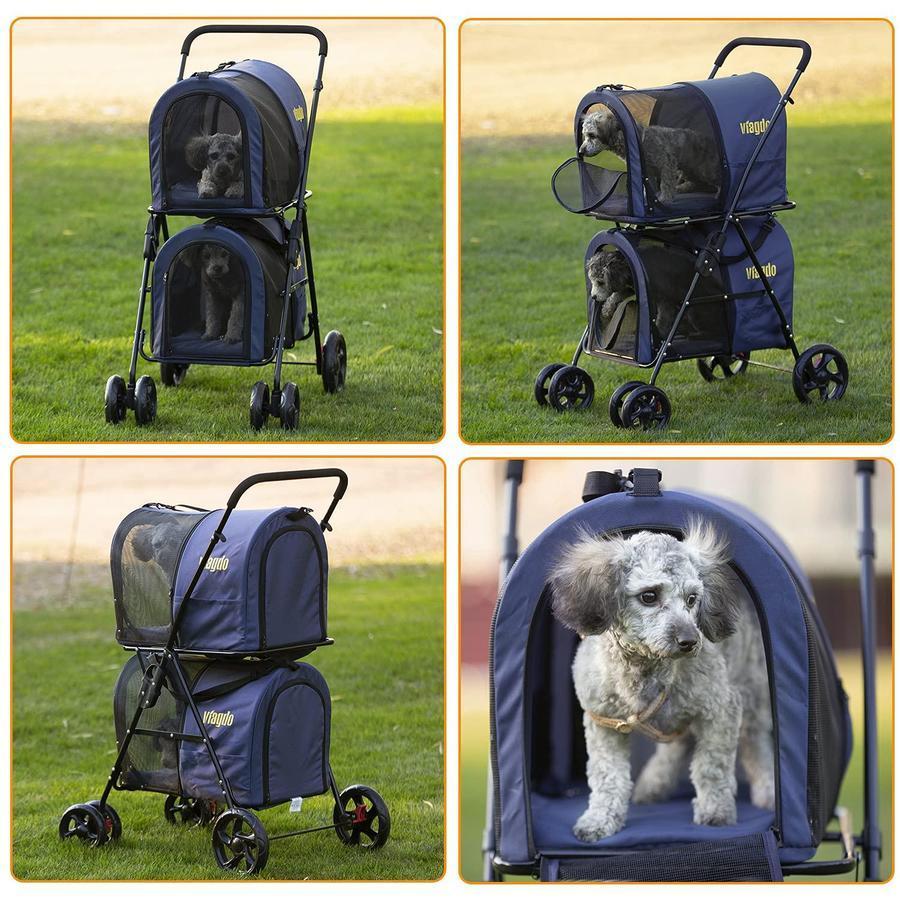 42 Double Pet Stroller for 2 Dogs & Cats,4 Wheels Dog Strollers Folding Travel Cat Stroller with Suspension System,Navy Blue