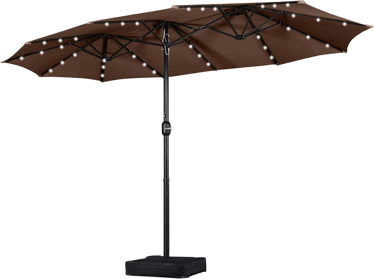 15 ft Large Patio Umbrella with Solar Lights Double-Sided Outdoor Rectangle Market Umbrellas with 36 LED Lights/Base Included/Easy Crank for Patio Garden Yard Pool Lawn, Brown